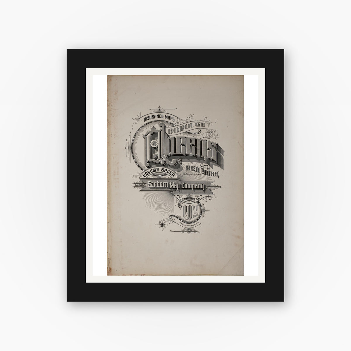 Old map wall art mockup — black gallery frame with white mat — Sanborn Fire Insurance Map from Queens, Queens County, New York (1912), Sheet #0001