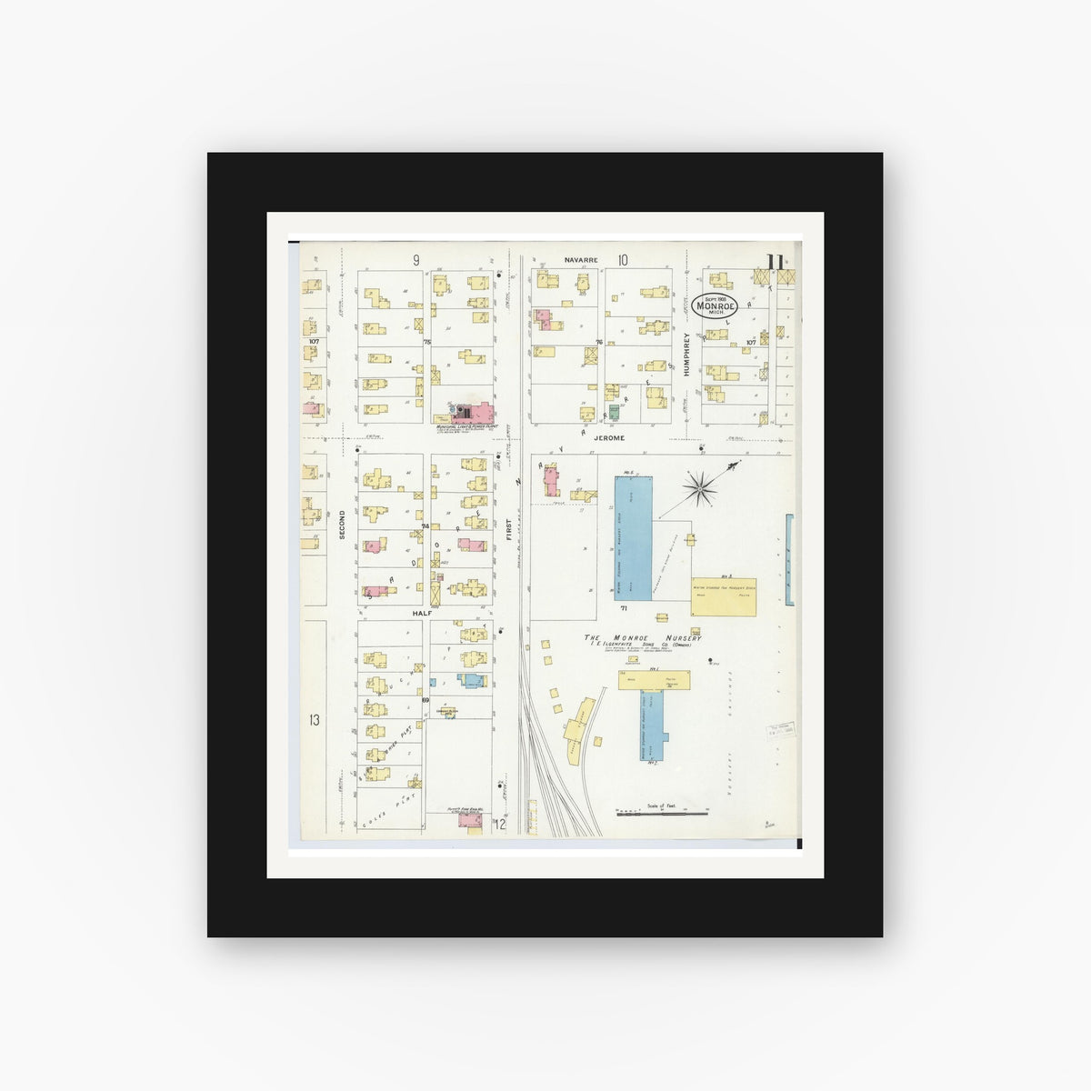 Old map wall art mockup — black gallery frame with white mat — Sanborn Fire Insurance Map from Monroe, Monroe County, Michigan (1908), Sheet #0011