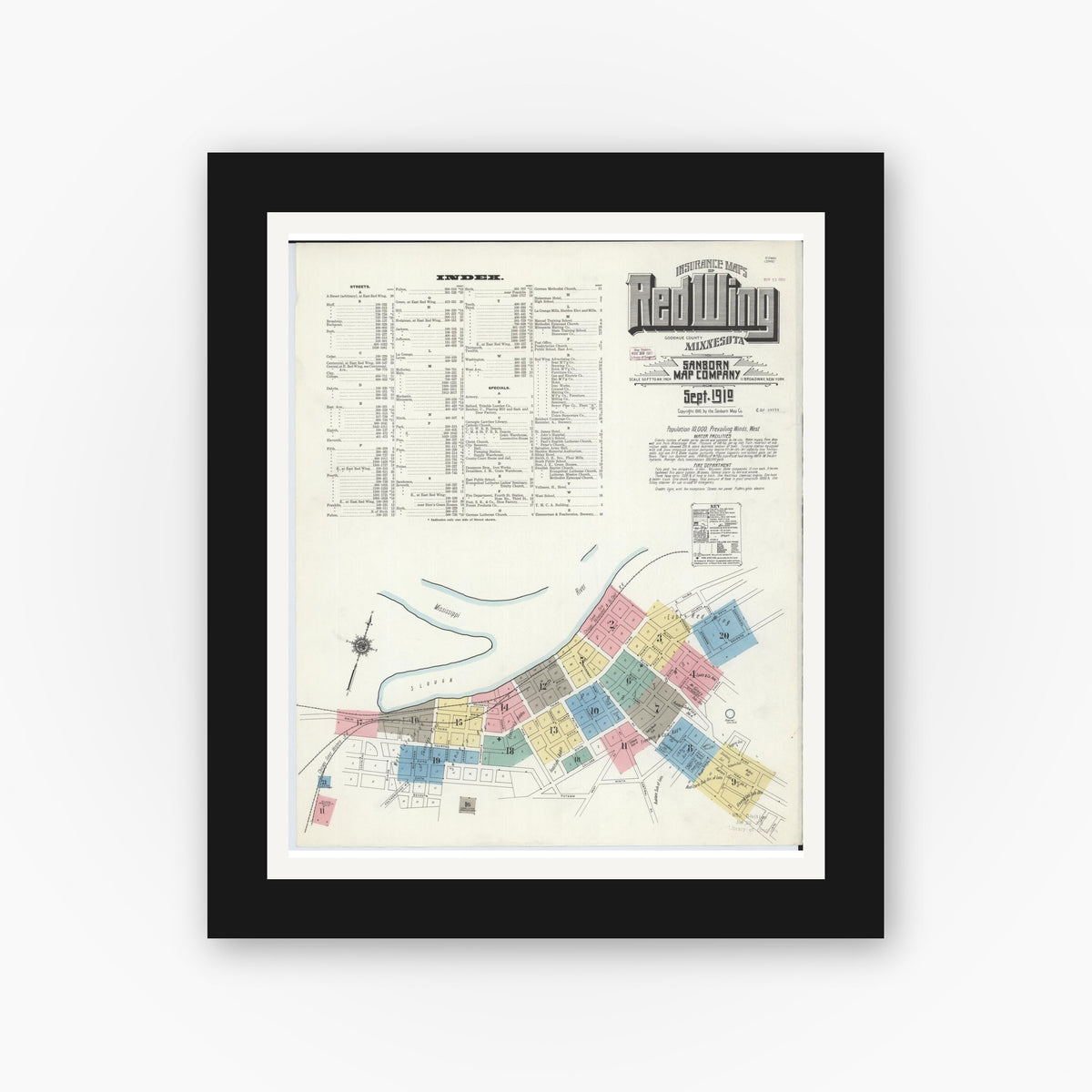 Old map wall art mockup — black gallery frame with white mat — Sanborn Fire Insurance Map from Red Wing, Goodhue County, Minnesota (1910), Sheet #0001
