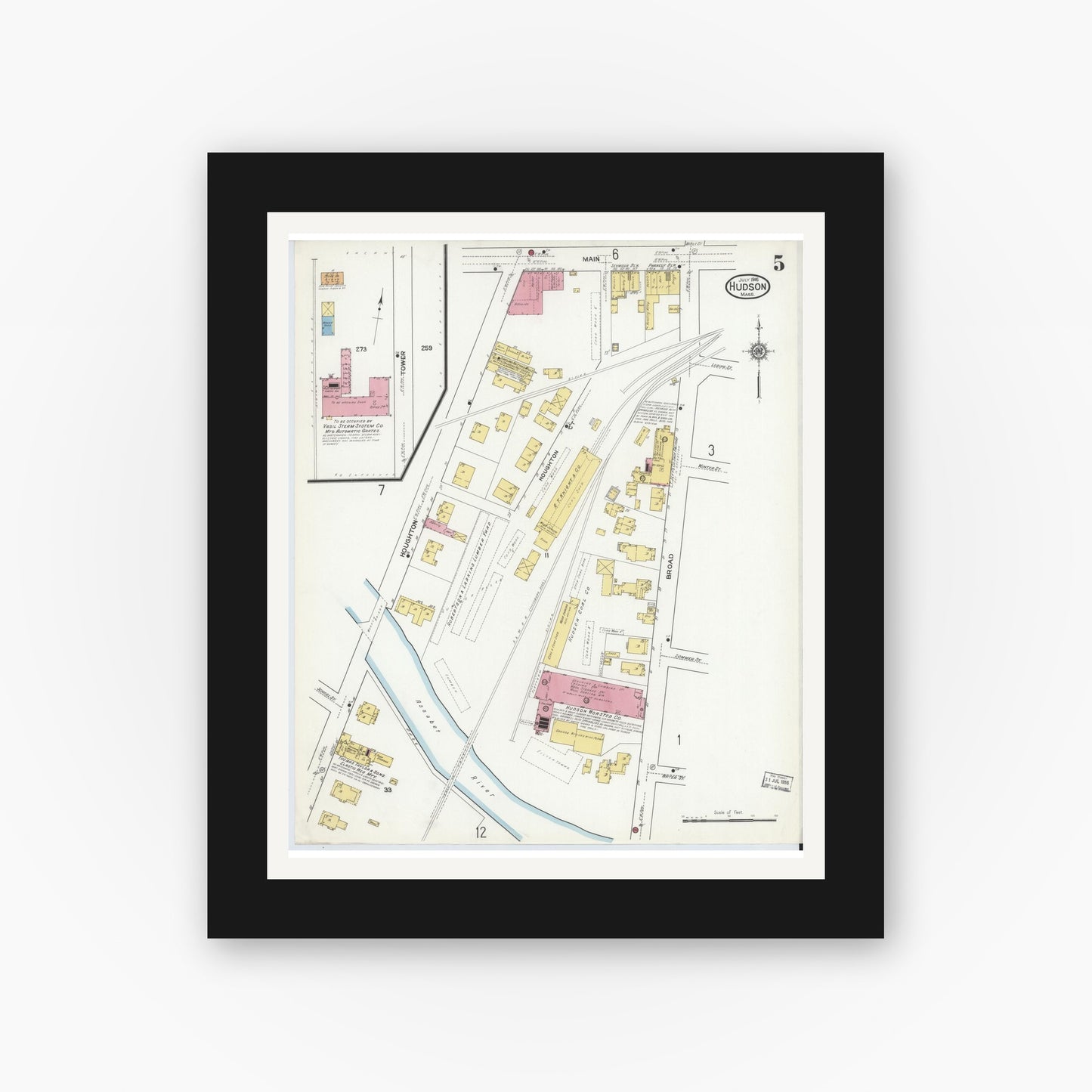 Old map wall art mockup — black gallery frame with white mat — Sanborn Fire Insurance Map from Hudson, Middlesex County, Massachusetts (1916), Sheet #0005