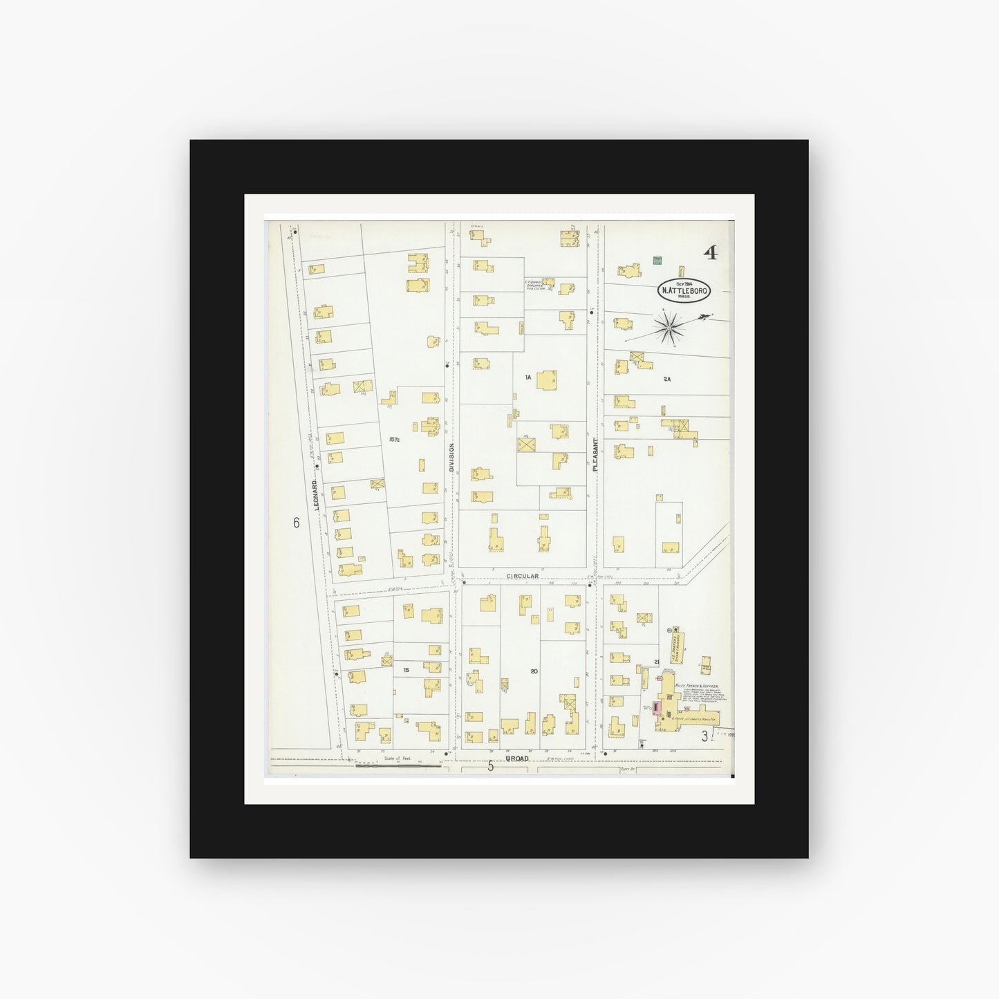 Old map wall art mockup — black gallery frame with white mat — Sanborn Fire Insurance Map from North Attleborough, Bristol County, Massachusetts (1904), Sheet #0004