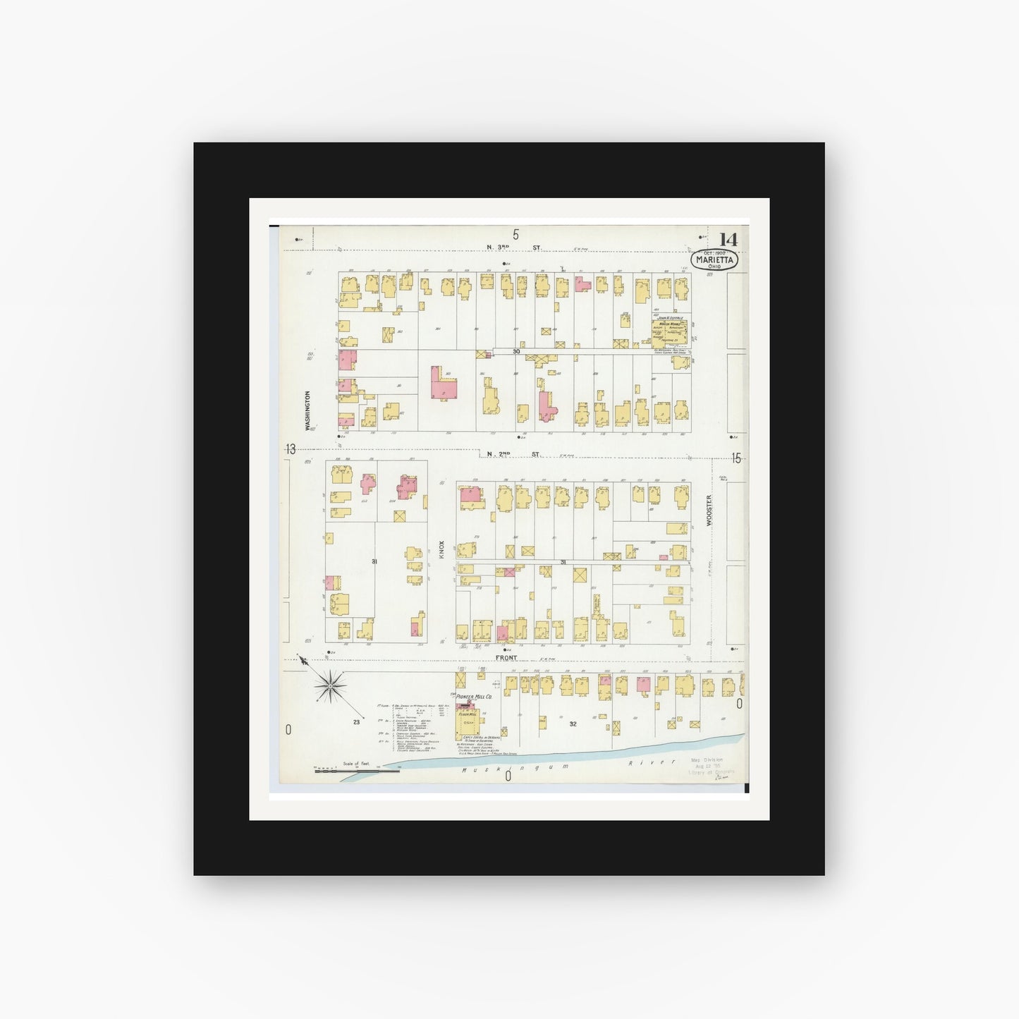 Old map wall art mockup — black gallery frame with white mat — Sanborn Fire Insurance Map from Marietta, Washington County, Ohio (1900), Sheet #0014