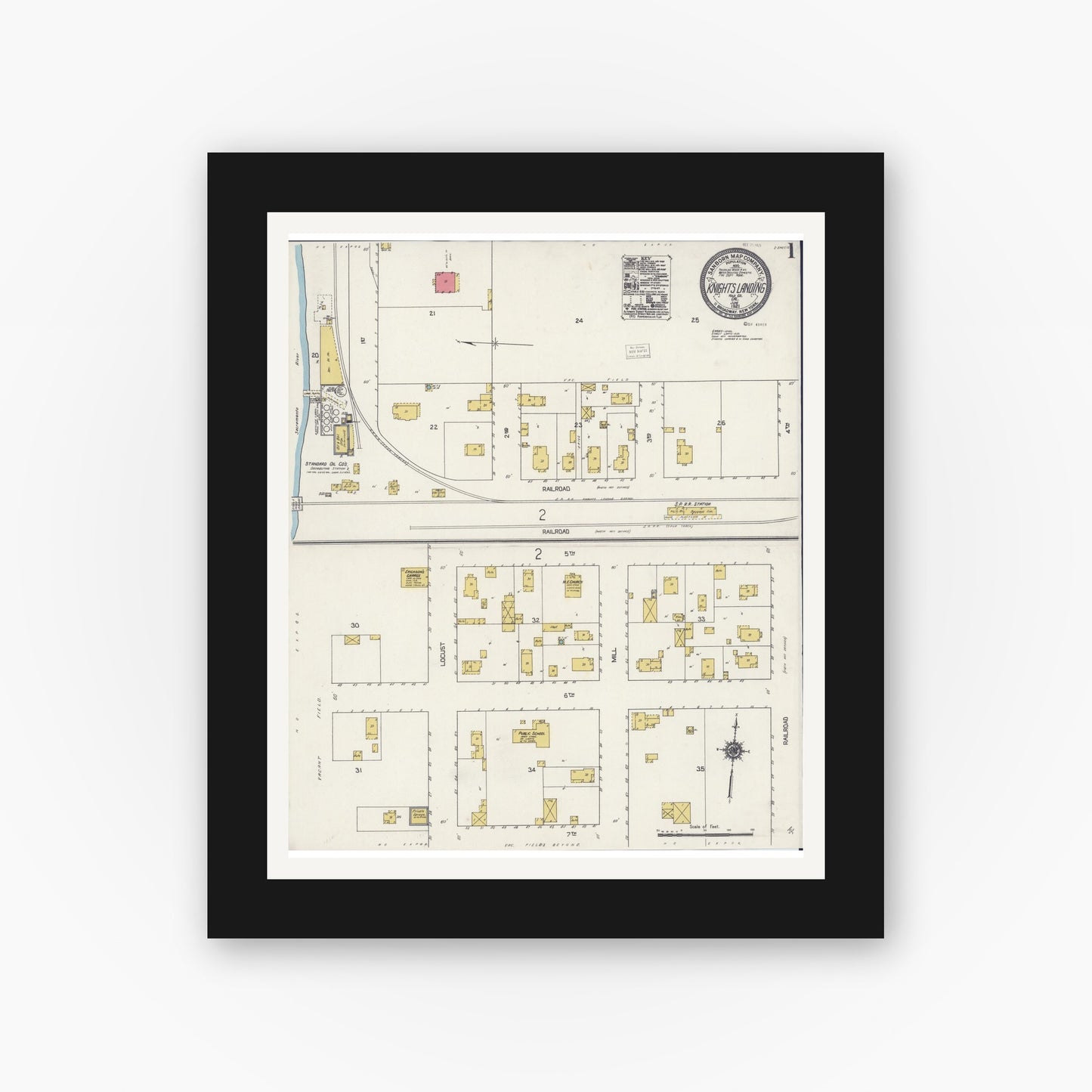 Old map wall art mockup — black gallery frame with white mat — Sanborn Fire Insurance Map from Knights Landing, Yolo County, California (1921), Sheet #0001