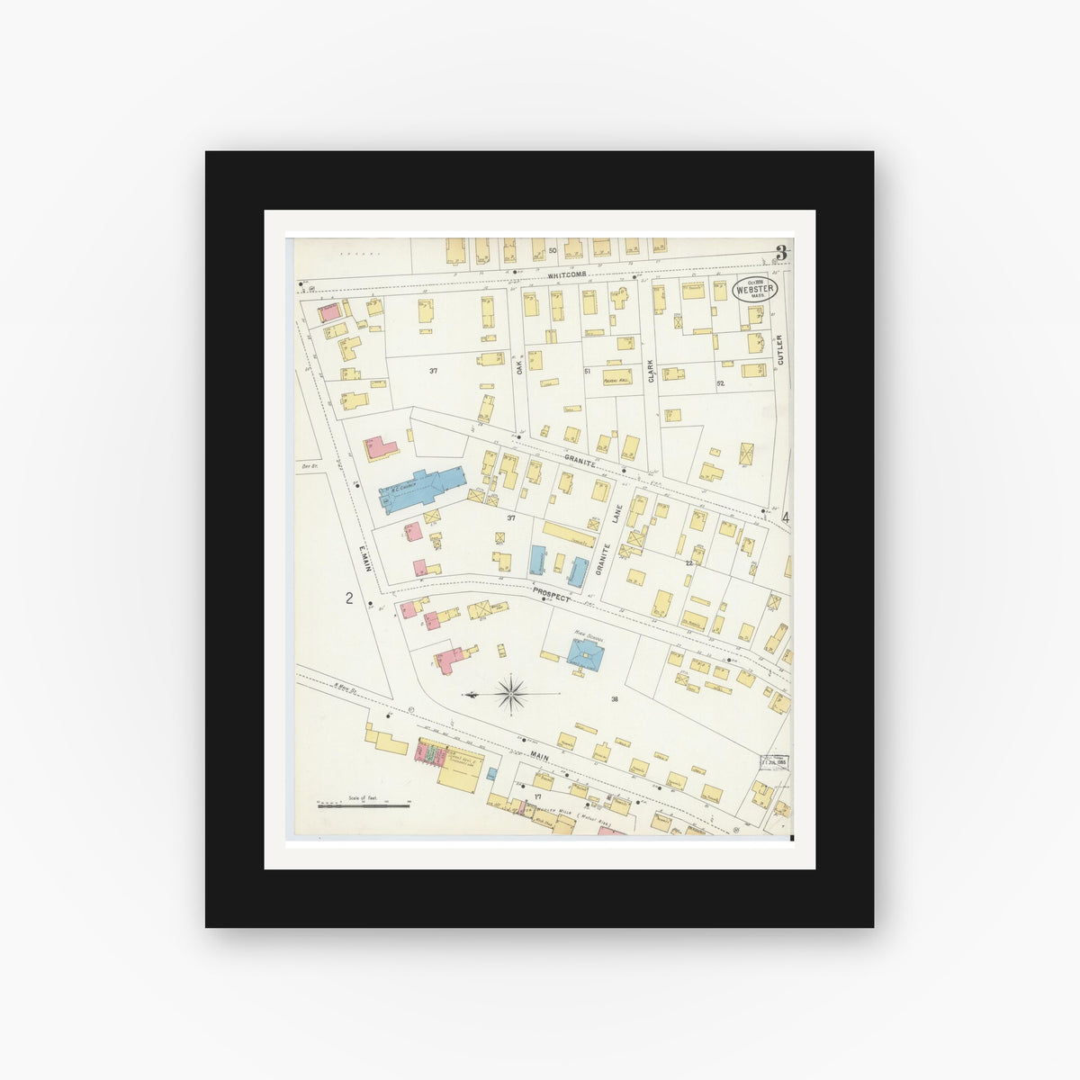 Old map wall art mockup — black gallery frame with white mat — Sanborn Fire Insurance Map from Webster, Worcester County, Massachusetts (1898), Sheet #0003