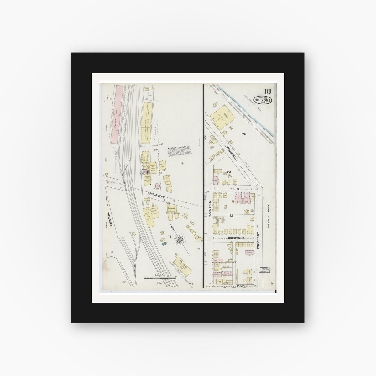 Old map wall art mockup — black gallery frame with white mat — Sanborn Fire Insurance Map from Holyoke, Hampden County, Massachusetts (1889), Sheet #0018
