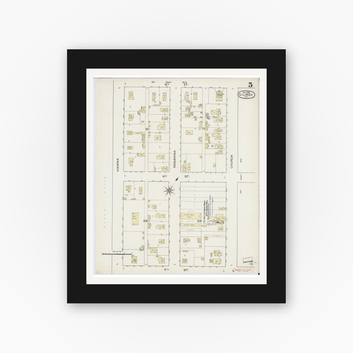 Old map wall art mockup — black gallery frame with white mat — Sanborn Fire Insurance Map from Gilroy, Santa Clara County, California (1886), Sheet #0005