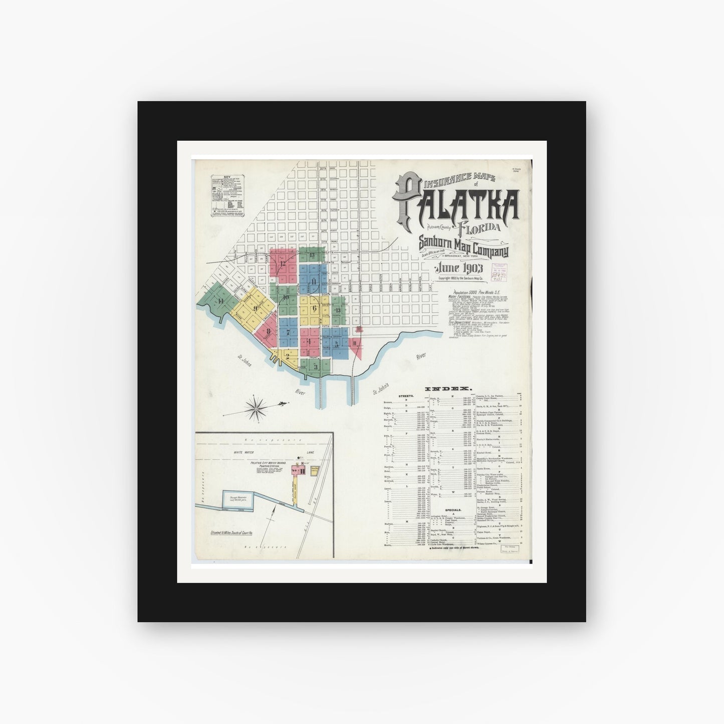 Old map wall art mockup — black gallery frame with white mat — Sanborn Fire Insurance Map from Palatka, Putnam County, Florida (1903) - Complete Map Set