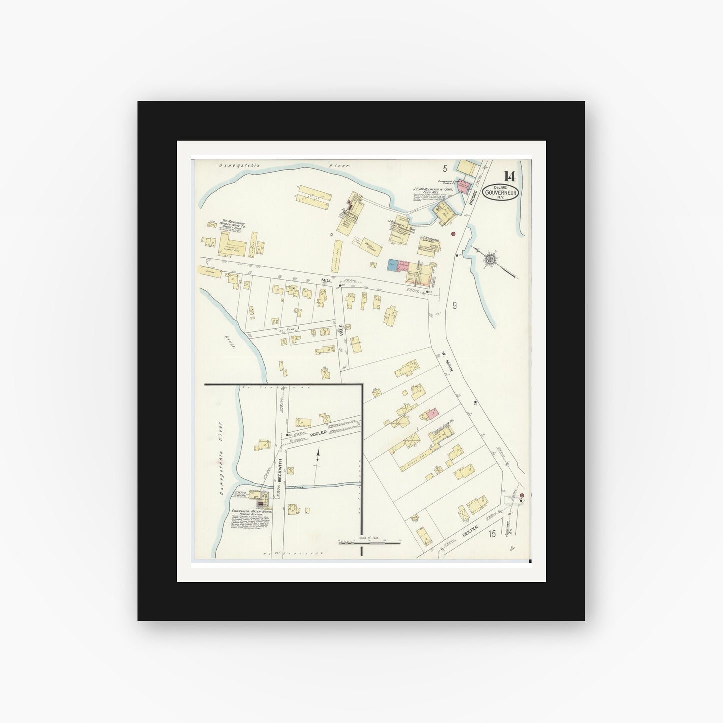 Old map wall art mockup — black gallery frame with white mat — Sanborn Fire Insurance Map from Gouverneur, Saint Lawrence County, New York (1912), Sheet #0014