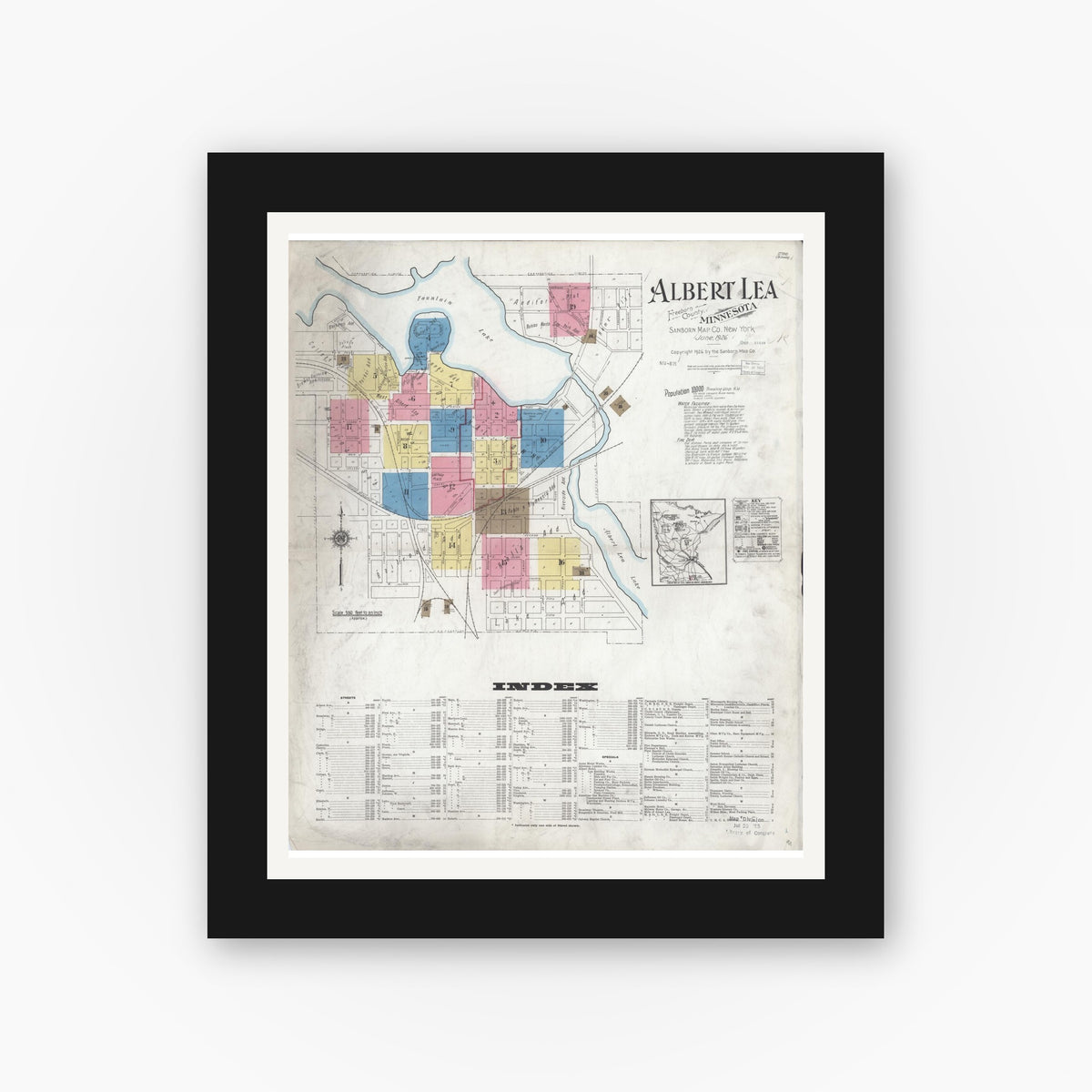 Old map wall art mockup — black gallery frame with white mat — Sanborn Fire Insurance Map from Albert Lea, Freeborn County, Minnesota (1926) - Complete Map Set