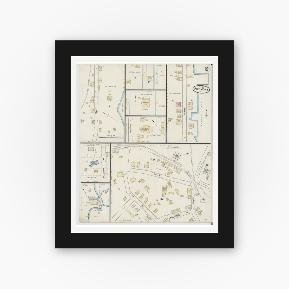 Old map wall art mockup — black gallery frame with white mat — Sanborn Fire Insurance Map from Piermont, Rockland County, New York (1887), Sheet #0002