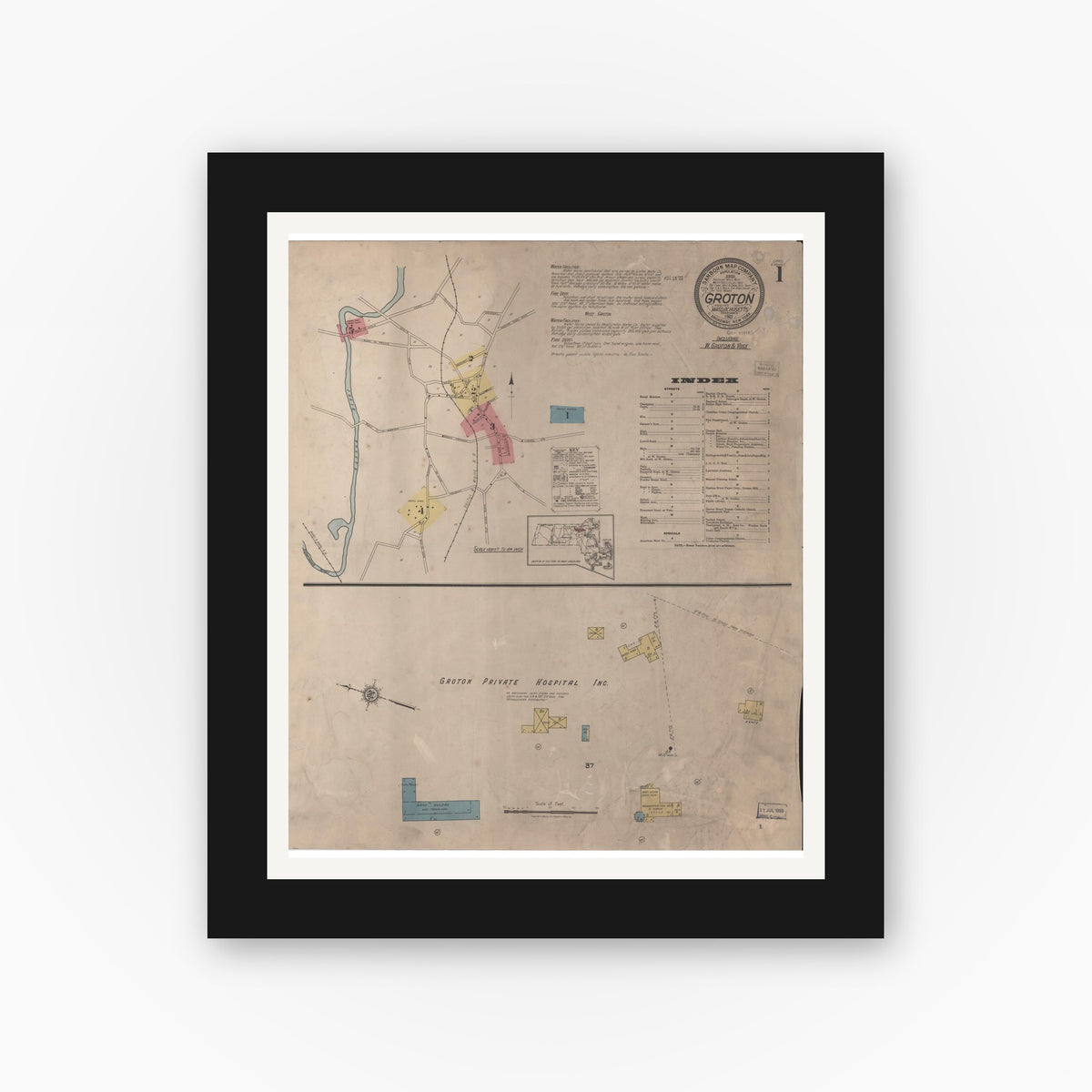 Old map wall art mockup — black gallery frame with white mat — Sanborn Fire Insurance Map from Groton, Middlesex County, Massachusetts (1921) - Complete Map Set