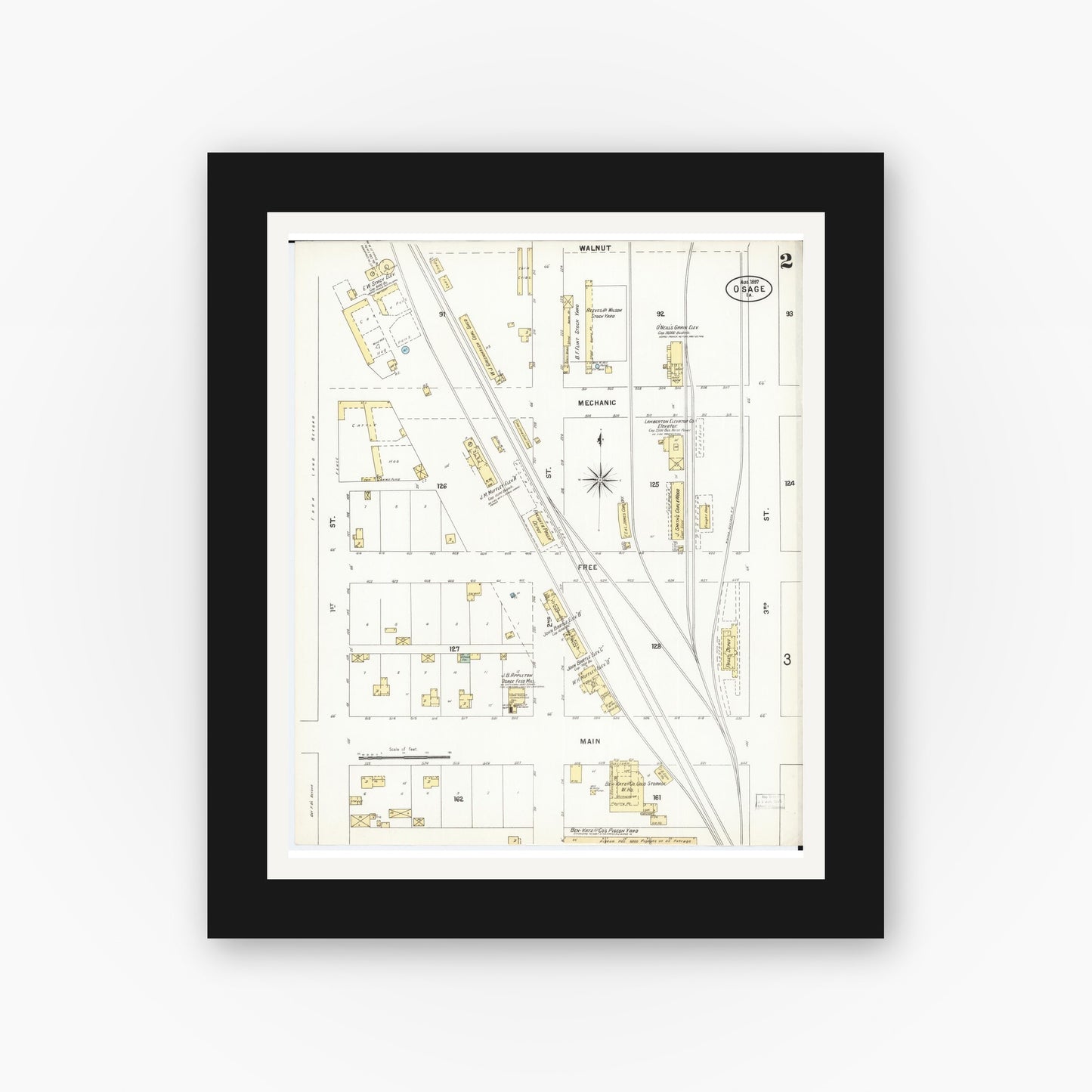 Old map wall art mockup — black gallery frame with white mat — Sanborn Fire Insurance Map from Osage, Mitchell County, Iowa (1897), Sheet #0002