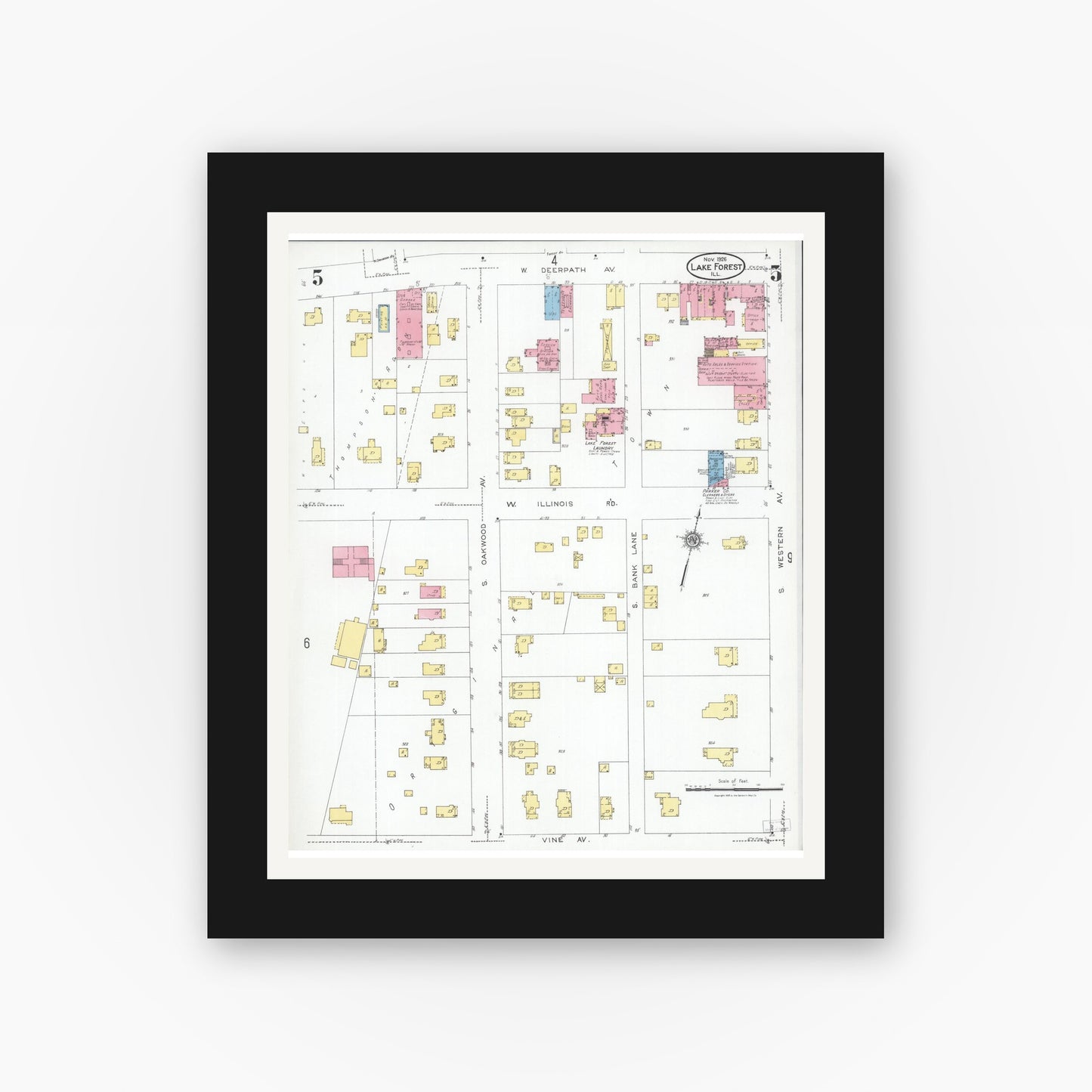 Old map wall art mockup — black gallery frame with white mat — Sanborn Fire Insurance Map from Lake Forest, Lake County, Illinois (1926), Sheet #0005