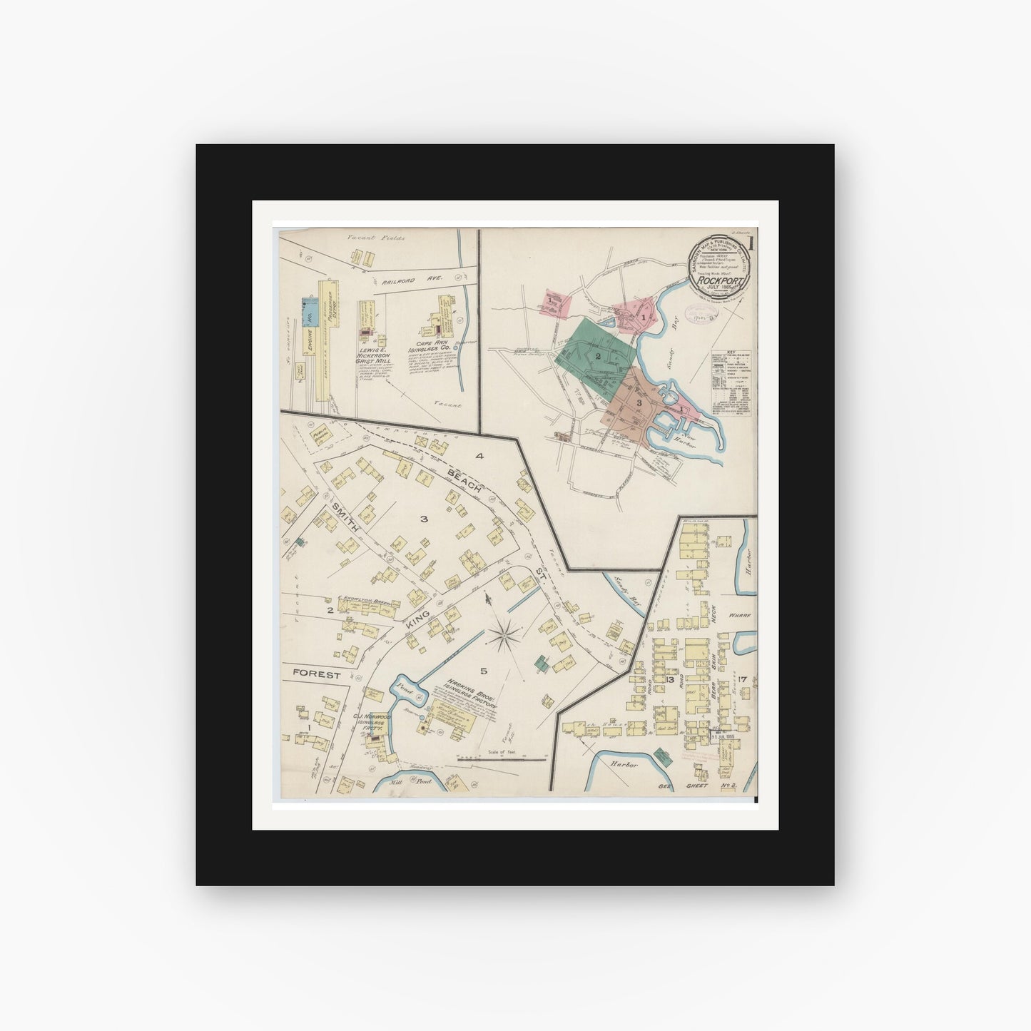 Old map wall art mockup — black gallery frame with white mat — Sanborn Fire Insurance Map from Rockport, Essex County, Massachusetts (1885) - Complete Map Set