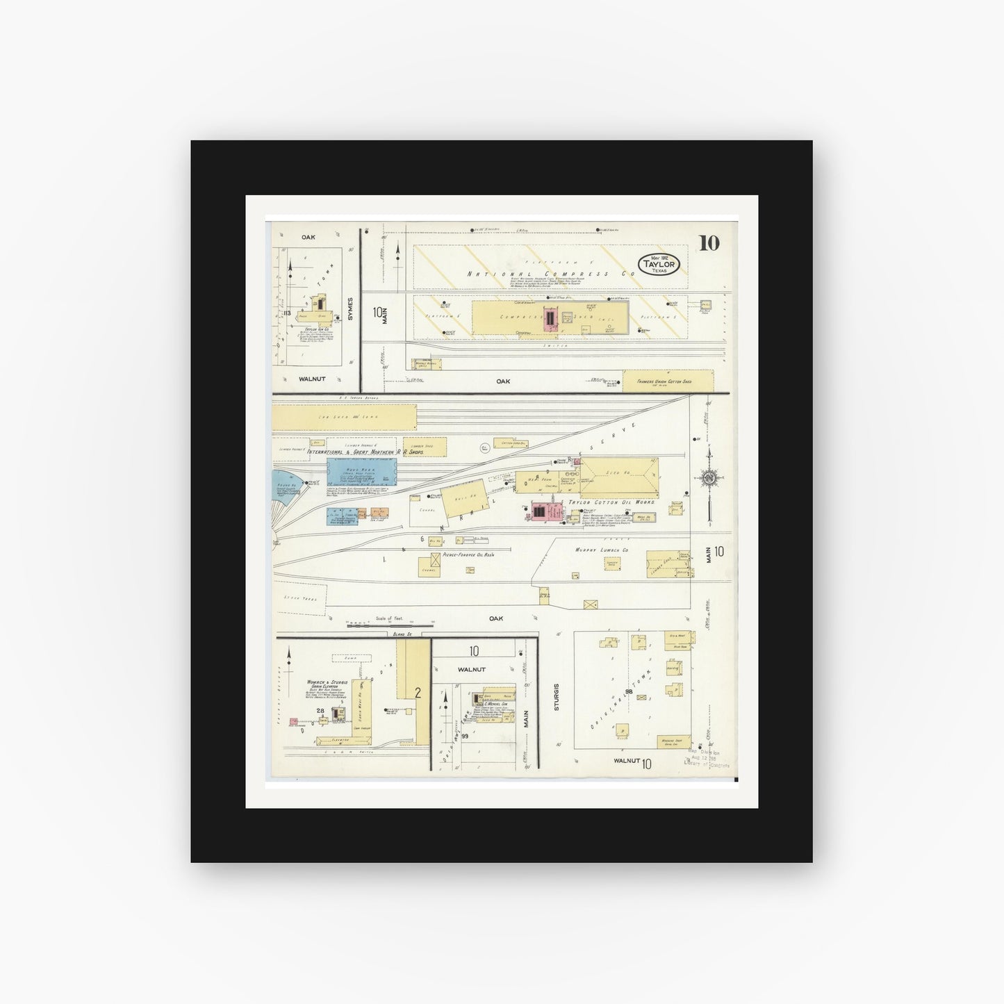 Old map wall art mockup — black gallery frame with white mat — Sanborn Fire Insurance Map from Taylor, Williamson County, Texas (1912), Sheet #0010
