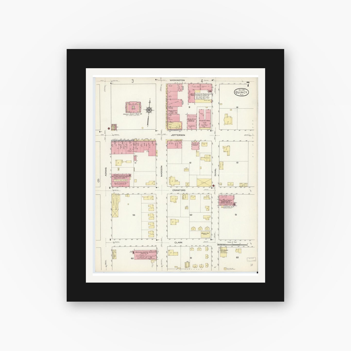 Old map wall art mockup — black gallery frame with white mat — Sanborn Fire Insurance Map from Quincy, Gadsden County, Florida (1913), Sheet #0007