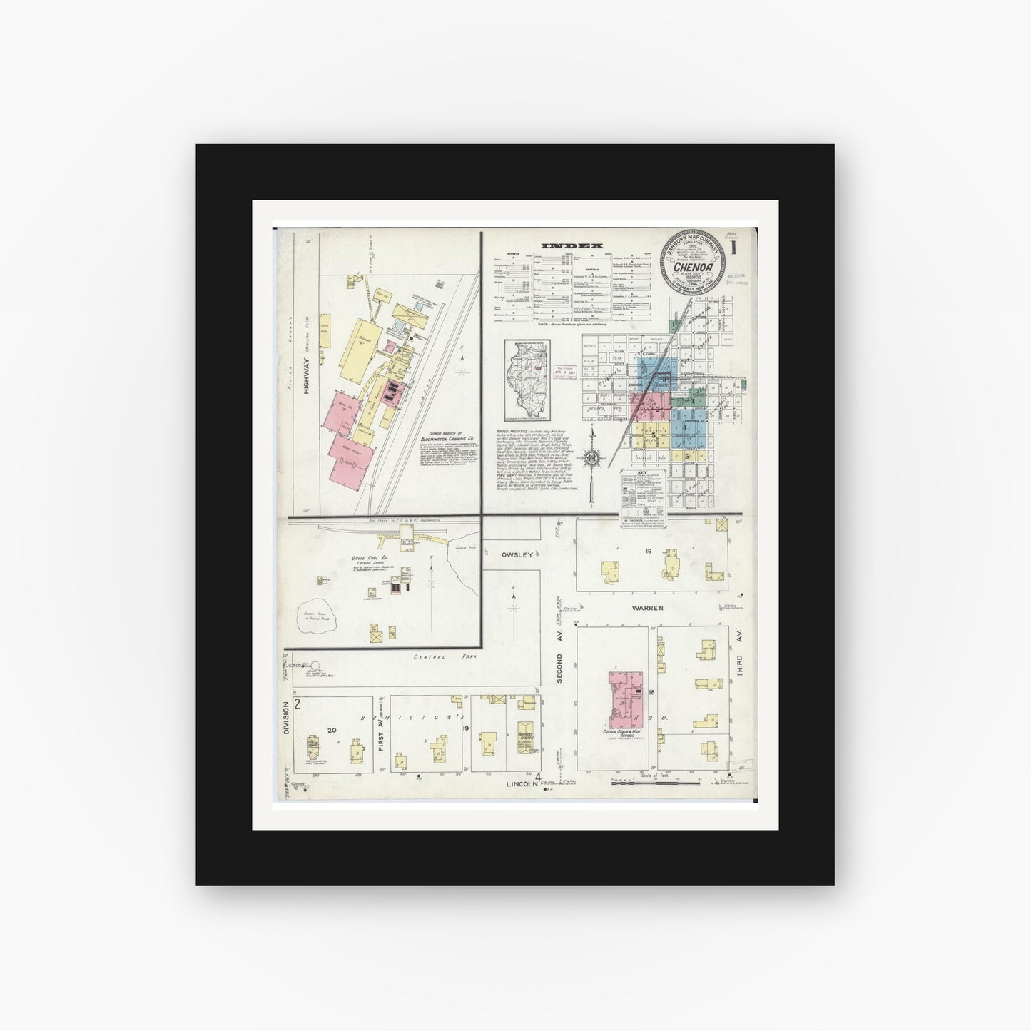 Old map wall art mockup — black gallery frame with white mat — Sanborn Fire Insurance Map from Chenoa, McLean County, Illinois (1914) - Complete Map Set