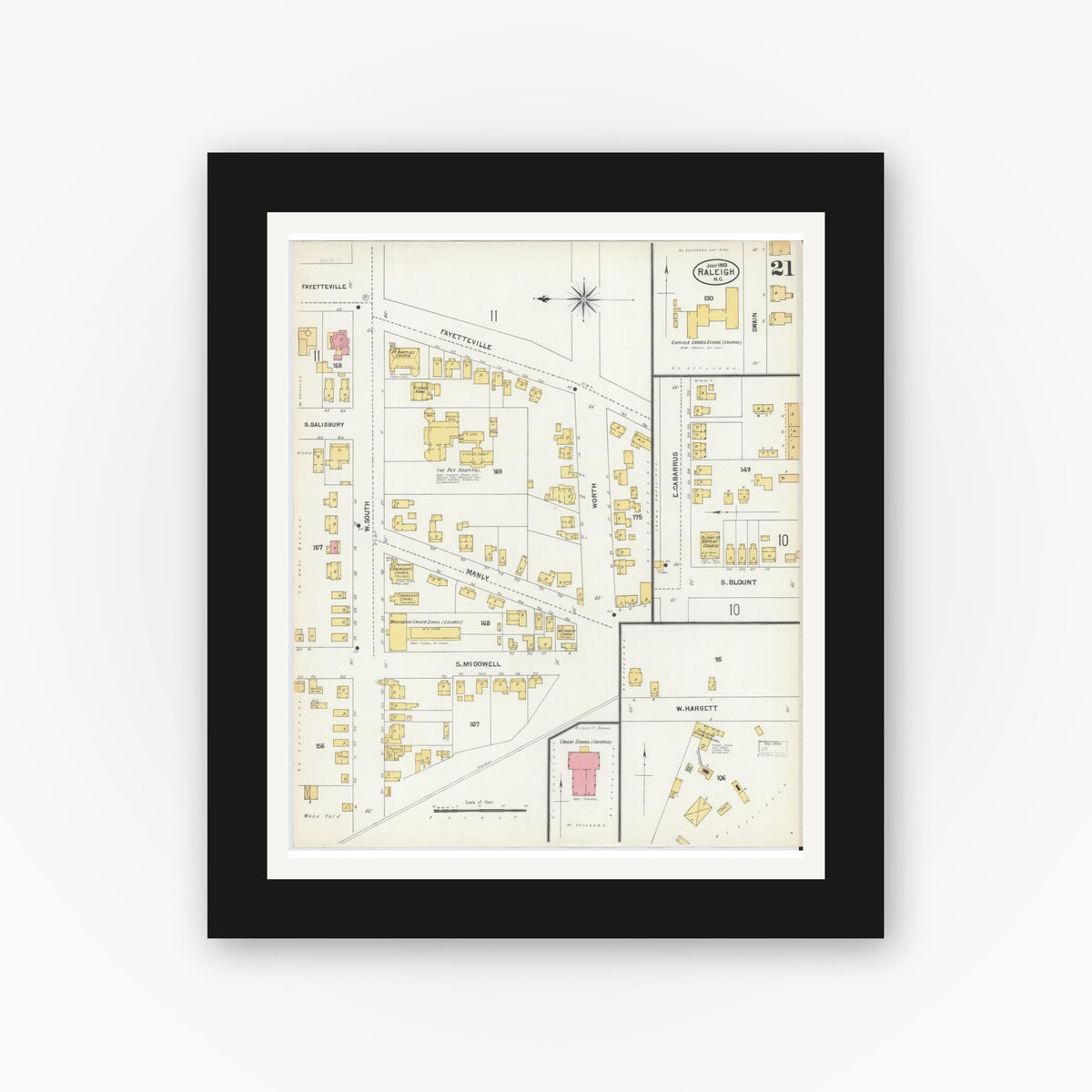 Old map wall art mockup — black gallery frame with white mat — Sanborn Fire Insurance Map from Raleigh, Wake County, North Carolina (1903), Sheet #0021
