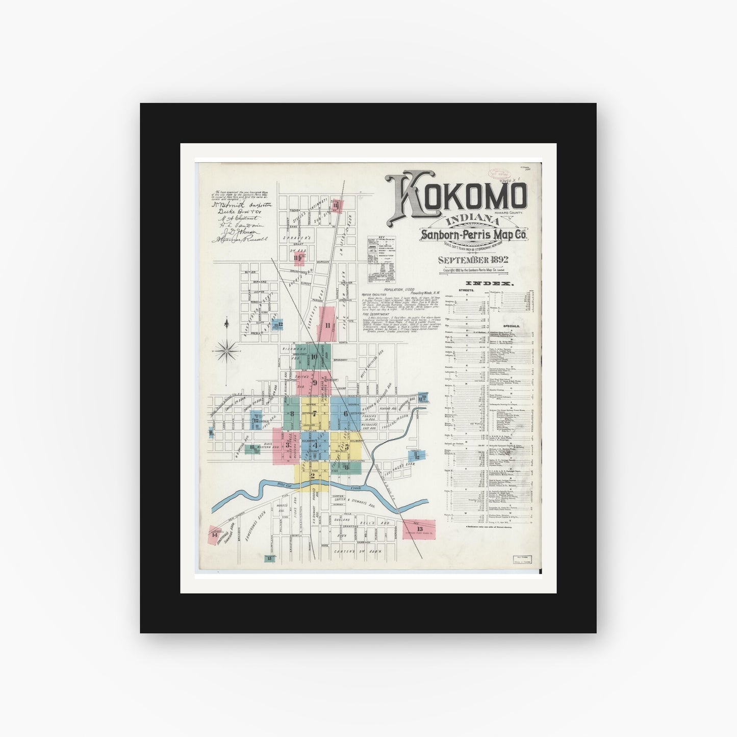 Old map wall art mockup — black gallery frame with white mat — Sanborn Fire Insurance Map from Kokomo, Howard County, Indiana (1892) - Complete Map Set