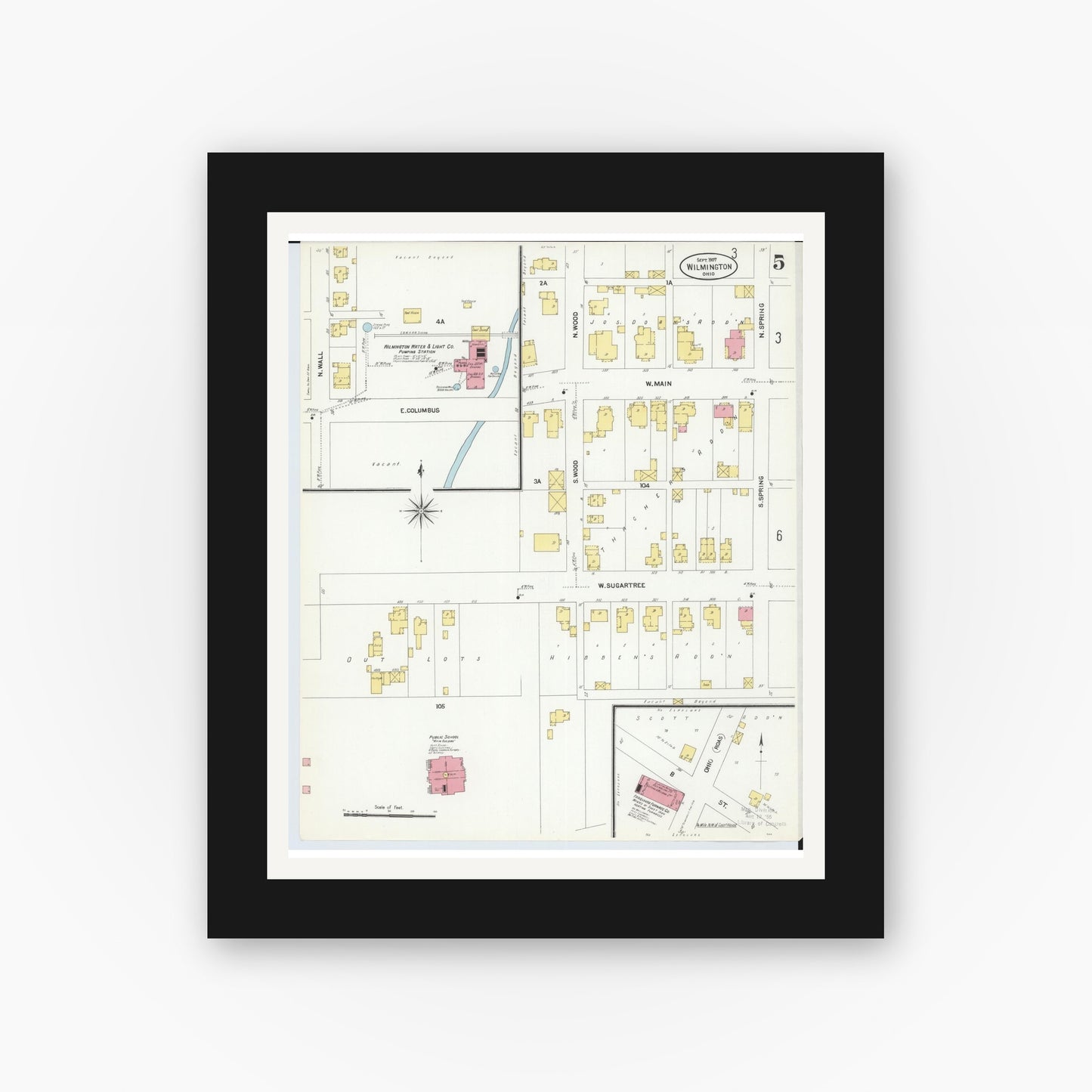 Old map wall art mockup — black gallery frame with white mat — Sanborn Fire Insurance Map from Wilmington, Clinton County, Ohio (1907), Sheet #0005