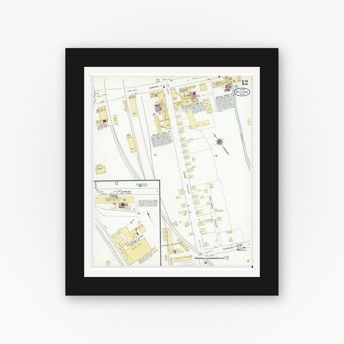 Old map wall art mockup — black gallery frame with white mat — Sanborn Fire Insurance Map from Milford, Worcester County, Massachusetts (1910), Sheet #0012