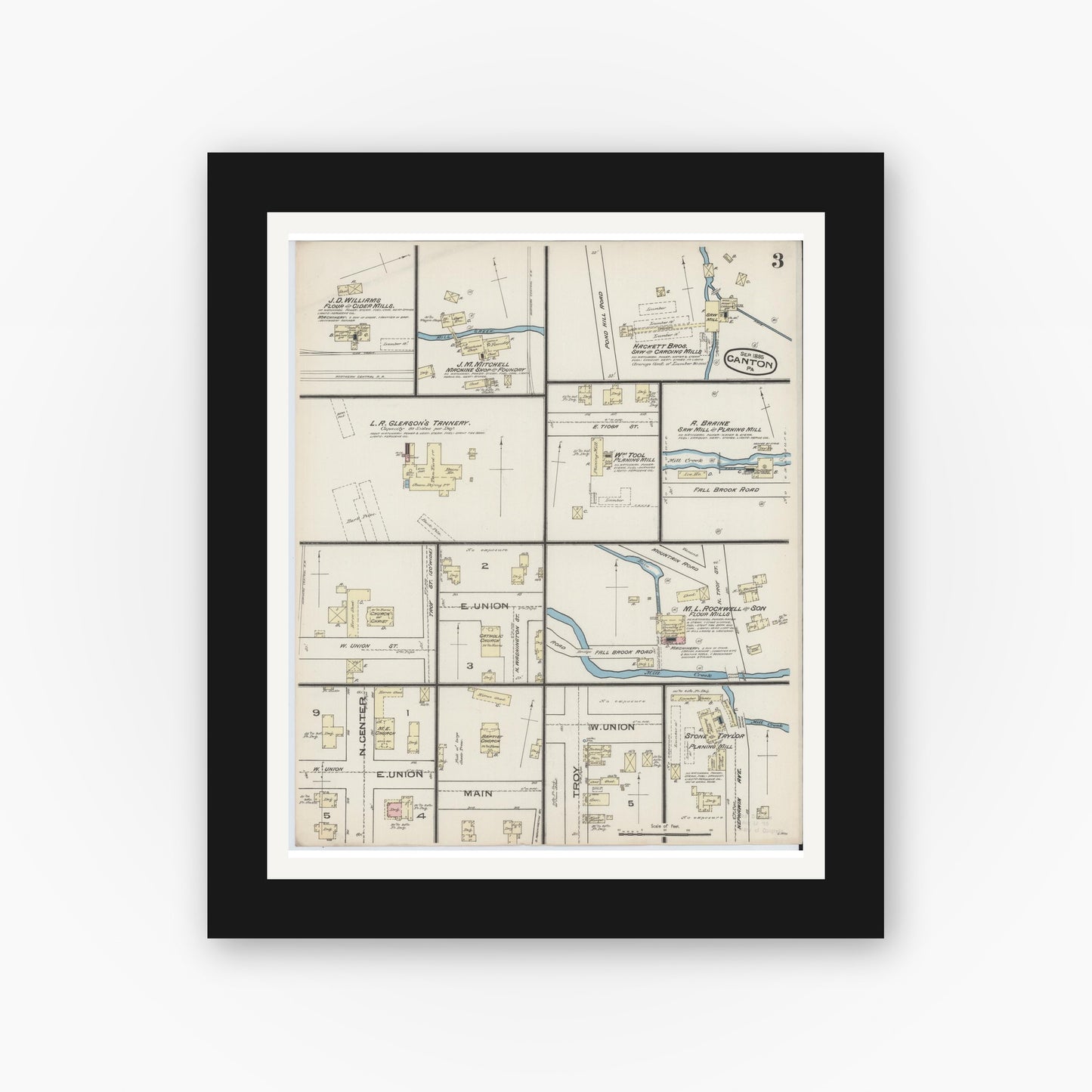 Old map wall art mockup — black gallery frame with white mat — Sanborn Fire Insurance Map from Canton, Bradford County, Pennsylvania (1885), Sheet #0003