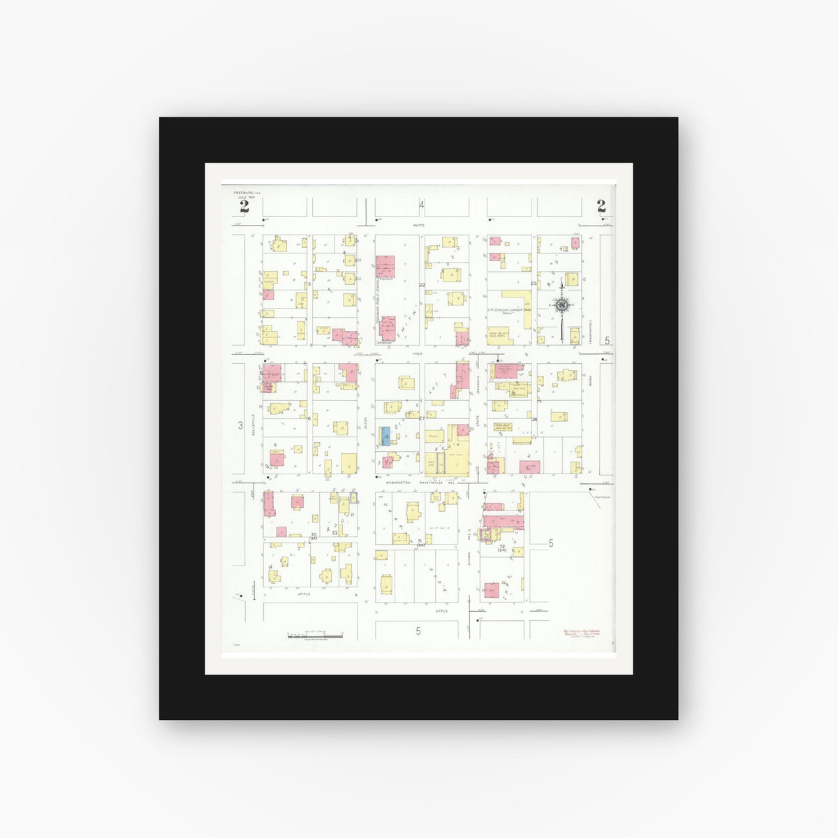 Old map wall art mockup — black gallery frame with white mat — Sanborn Fire Insurance Map from Freeburg, Saint Clair County, Illinois (1941), Sheet #0002