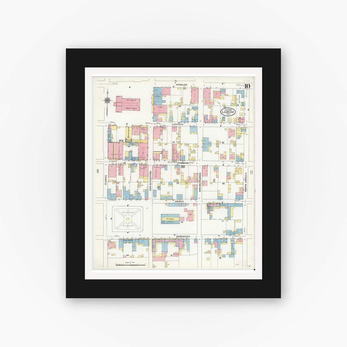 Old map wall art mockup — black gallery frame with white mat — Sanborn Fire Insurance Map from Laredo, Webb County, Texas (1909), Sheet #0010