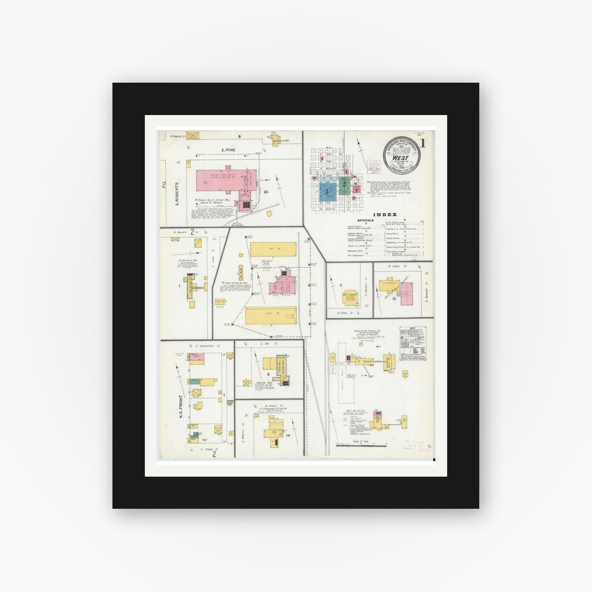 Old map wall art mockup — black gallery frame with white mat — Sanborn Fire Insurance Map from West, McLennan County, Texas (1905), Sheet #0001