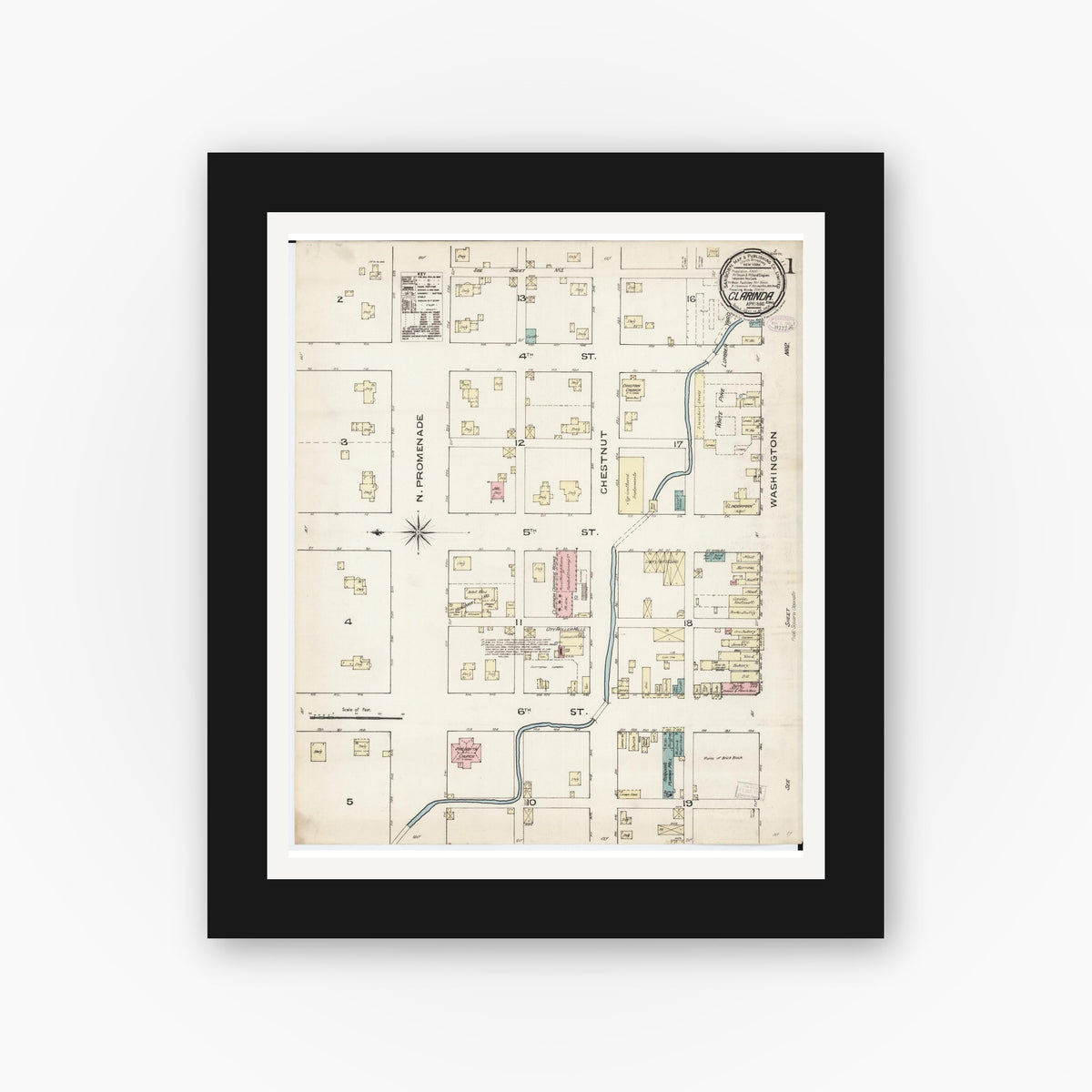 Old map wall art mockup — black gallery frame with white mat — Sanborn Fire Insurance Map from Clarinda, Page County, Iowa (1886) — Complete Set