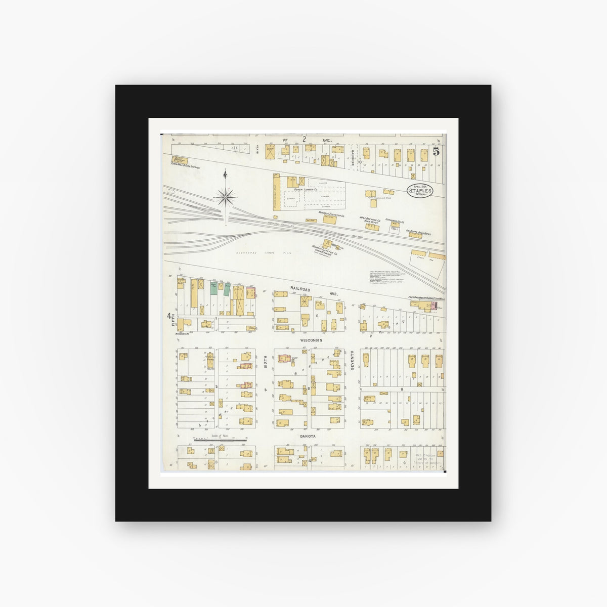 Old map wall art mockup — black gallery frame with white mat — Sanborn Fire Insurance Map from Staples, Todd County, Minnesota (1904), Sheet #0005