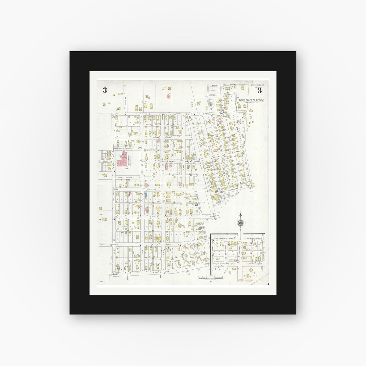 Old map wall art mockup — black gallery frame with white mat — Sanborn Fire Insurance Map from Zionsville, Boone County, Indiana (1939), Sheet #0003