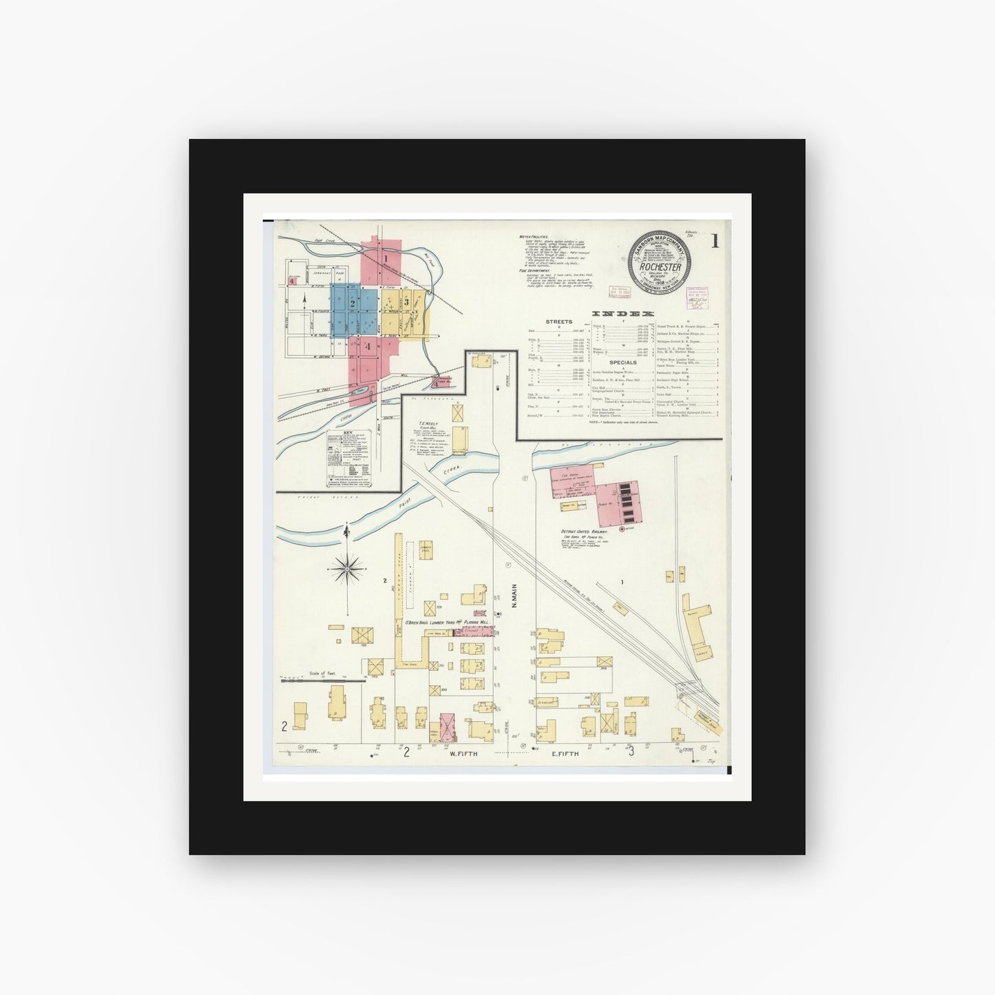 Old map wall art mockup — black gallery frame with white mat — Sanborn Fire Insurance Map from Rochester, Oakland County, Michigan (1908) - Complete Map Set