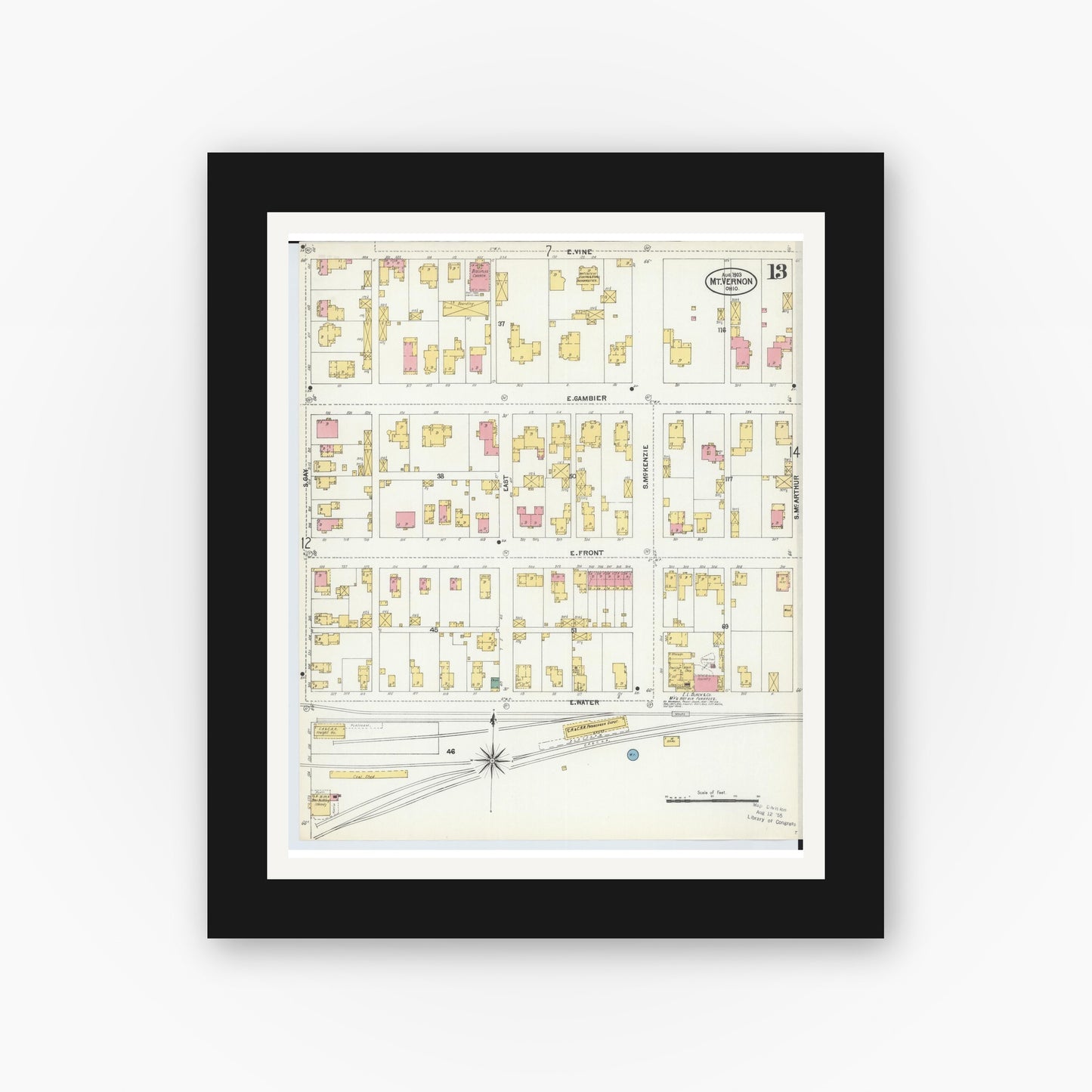 Old map wall art mockup — black gallery frame with white mat — Sanborn Fire Insurance Map from Mount Vernon, Knox County, Ohio (1903), Sheet #0013