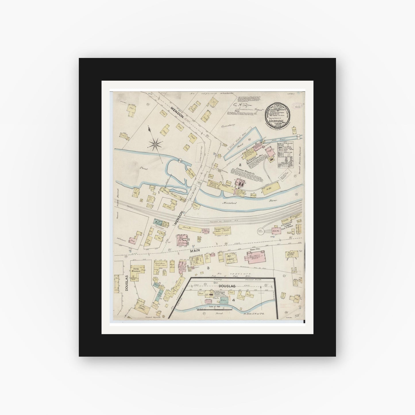 Old map wall art mockup — black gallery frame with white mat — Sanborn Fire Insurance Map from Uxbridge, Worcester County, Massachusetts (1888), Sheet #0001