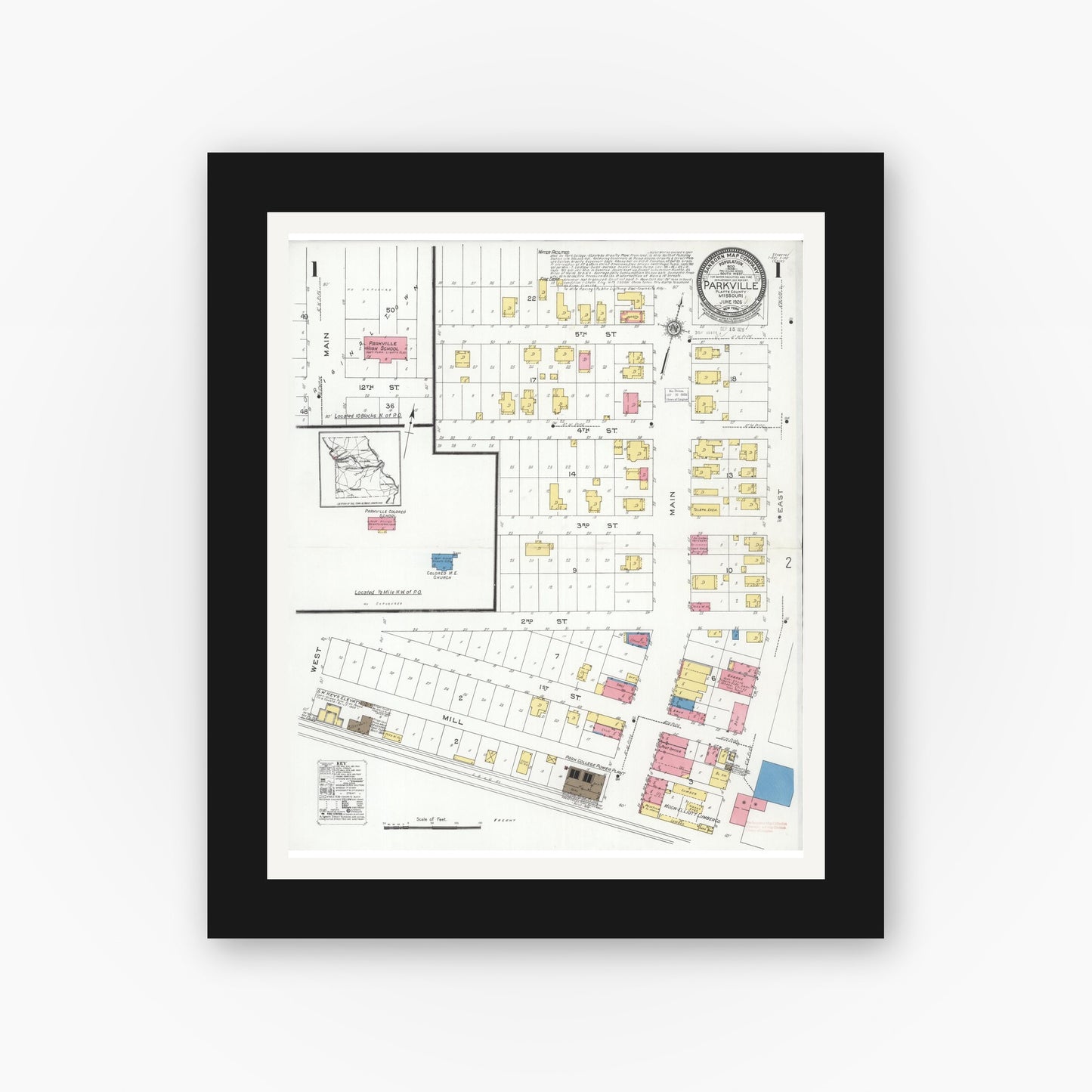 Old map wall art mockup — black gallery frame with white mat — Sanborn Fire Insurance Map from Parkville, Platte County, Missouri (1926) - Complete Map Set
