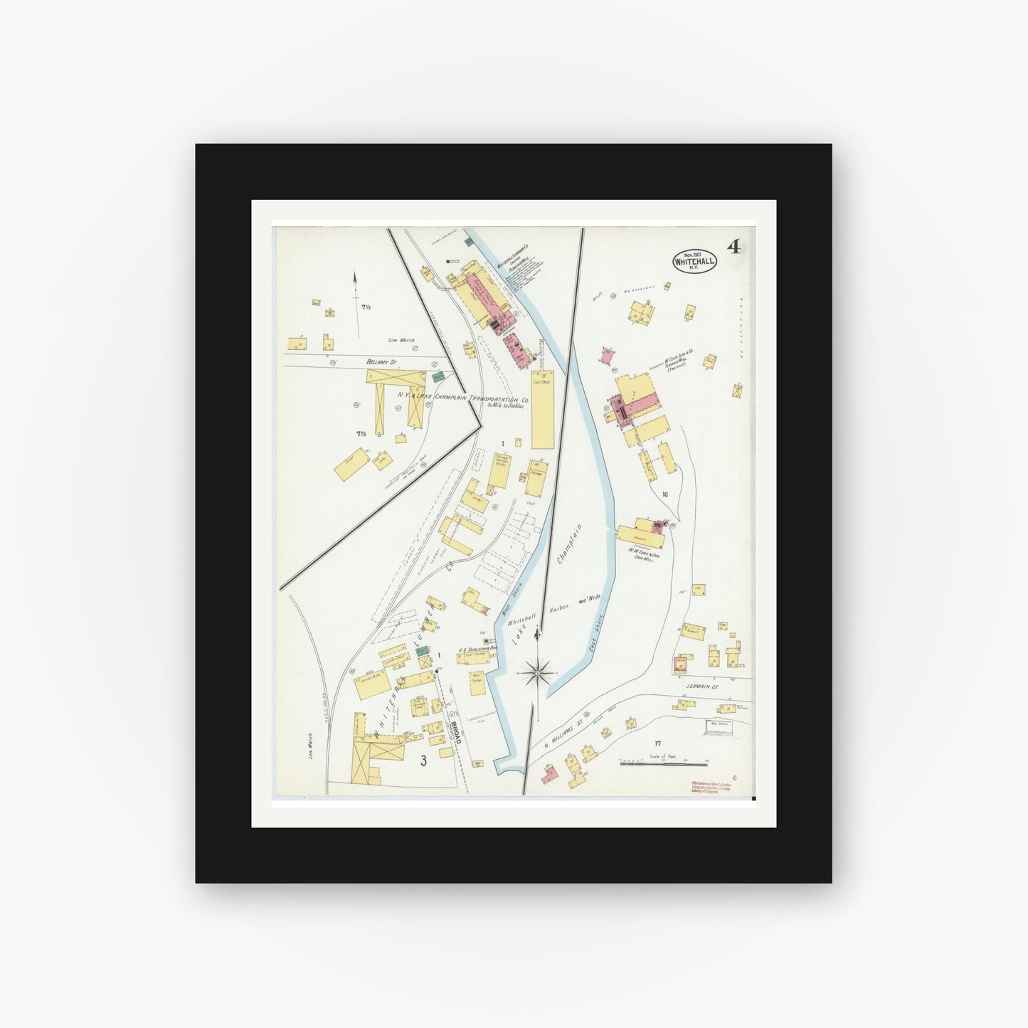 Old map wall art mockup — black gallery frame with white mat — Sanborn Fire Insurance Map from Whitehall, Washington County, New York (1901), Sheet #0004