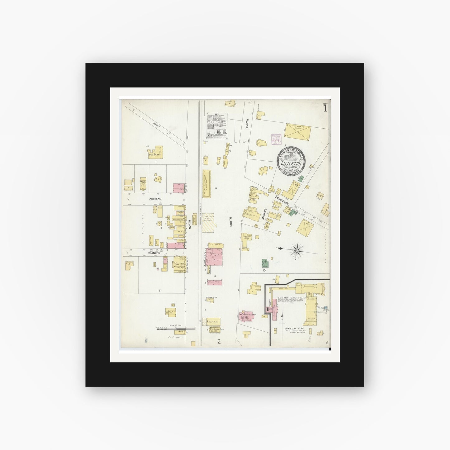 Old map wall art mockup — black gallery frame with white mat — Sanborn Fire Insurance Map from Littleton, Halifax And Warren County, North Carolina (1907) - Complete Map Set