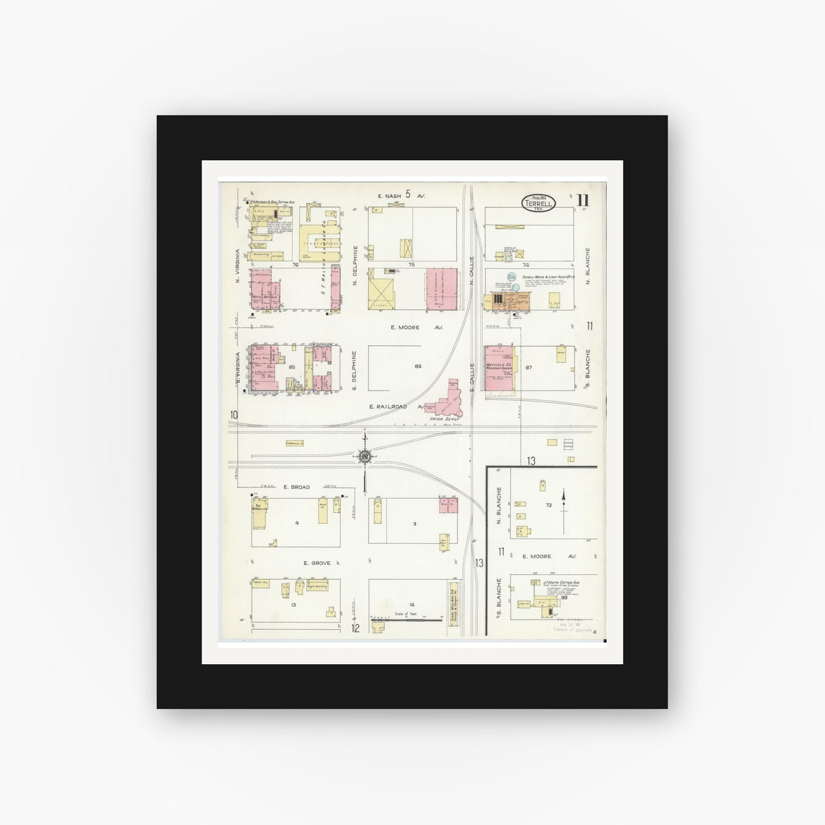 Old map wall art mockup — black gallery frame with white mat — Sanborn Fire Insurance Map from Terrell, Kaufman County, Texas (1914), Sheet #0011