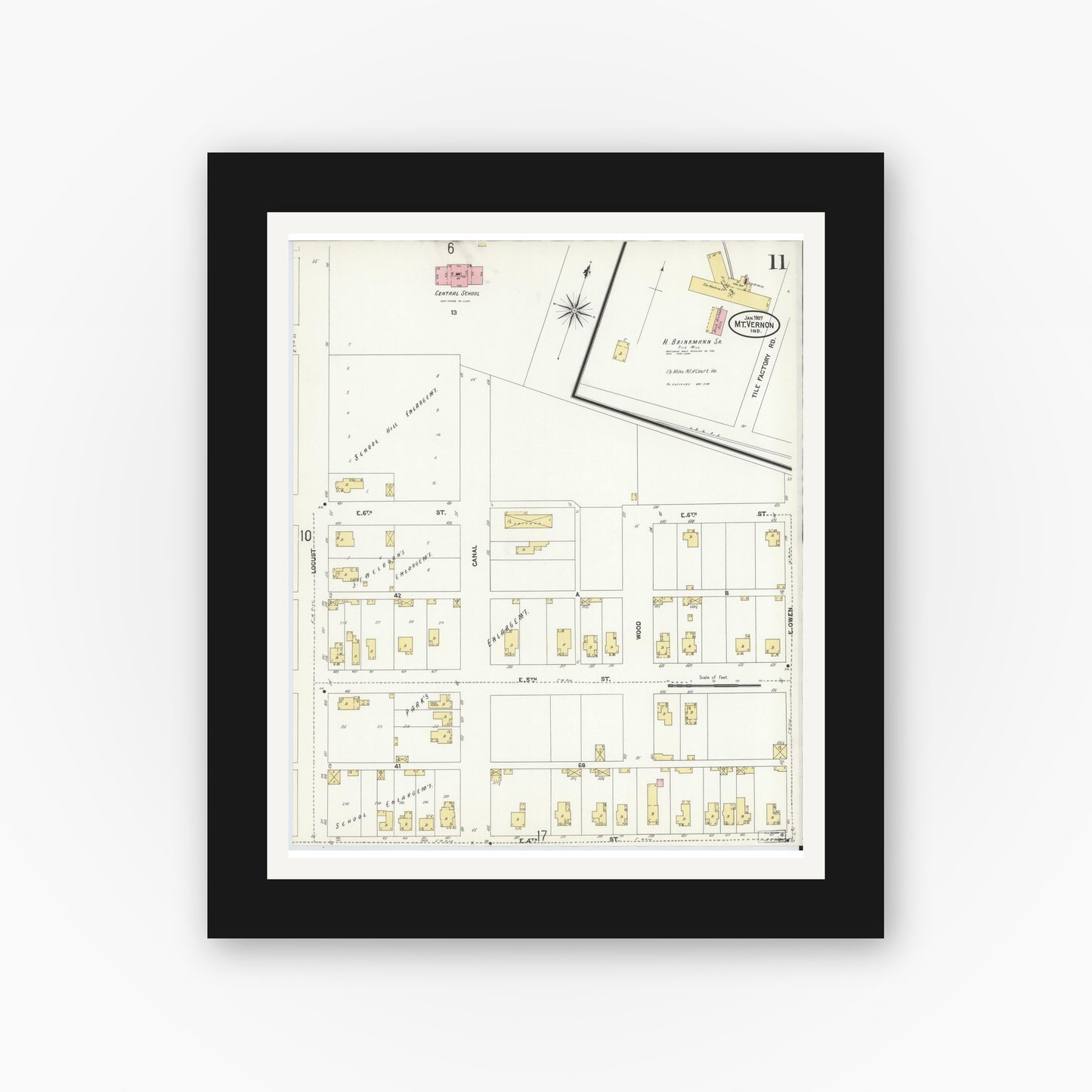 Old map wall art mockup — black gallery frame with white mat — Sanborn Fire Insurance Map from Mount Vernon, Posey County, Indiana (1907), Sheet #0011