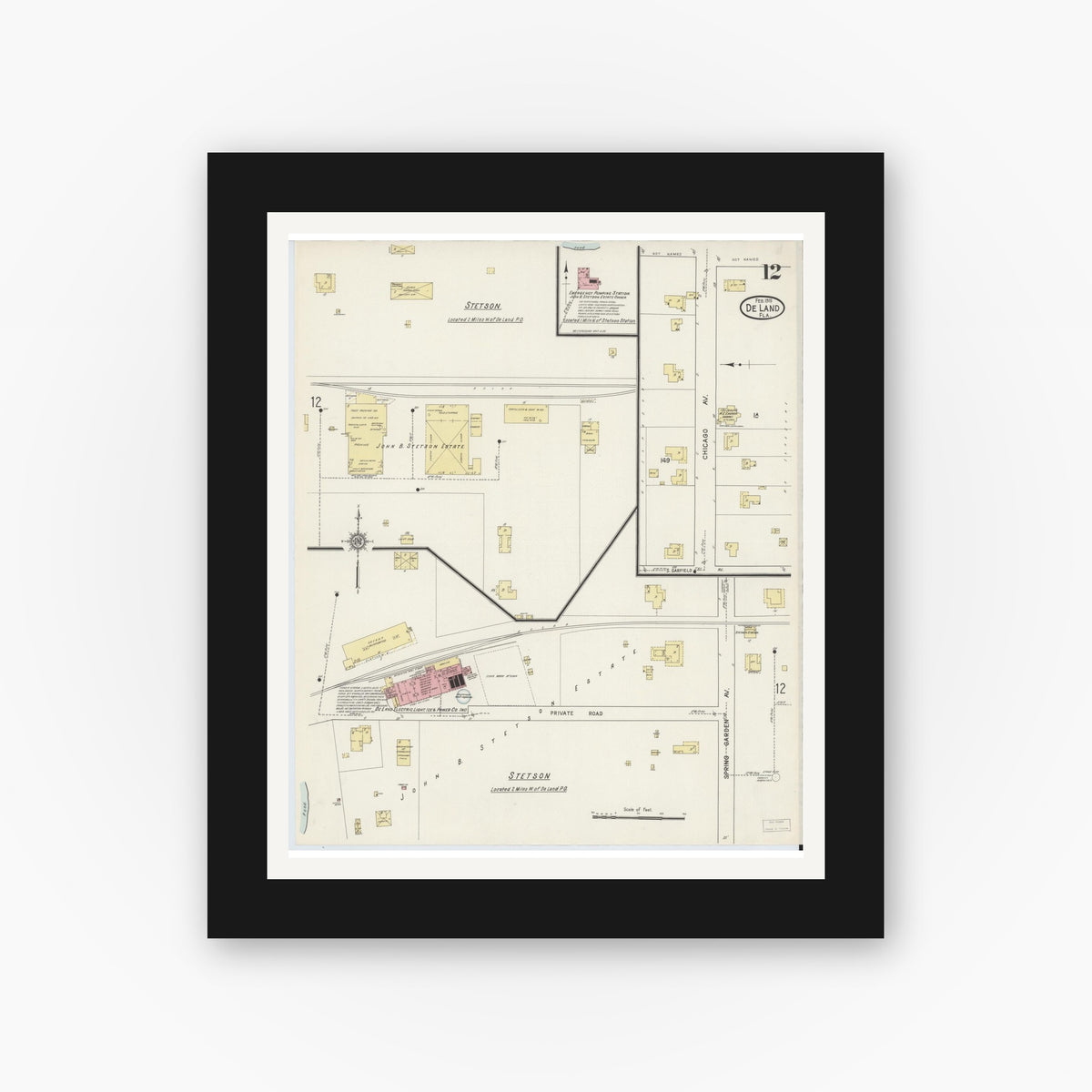 Old map wall art mockup — black gallery frame with white mat — Sanborn Fire Insurance Map from De Land, Volusia County, Florida (1915), Sheet #0012