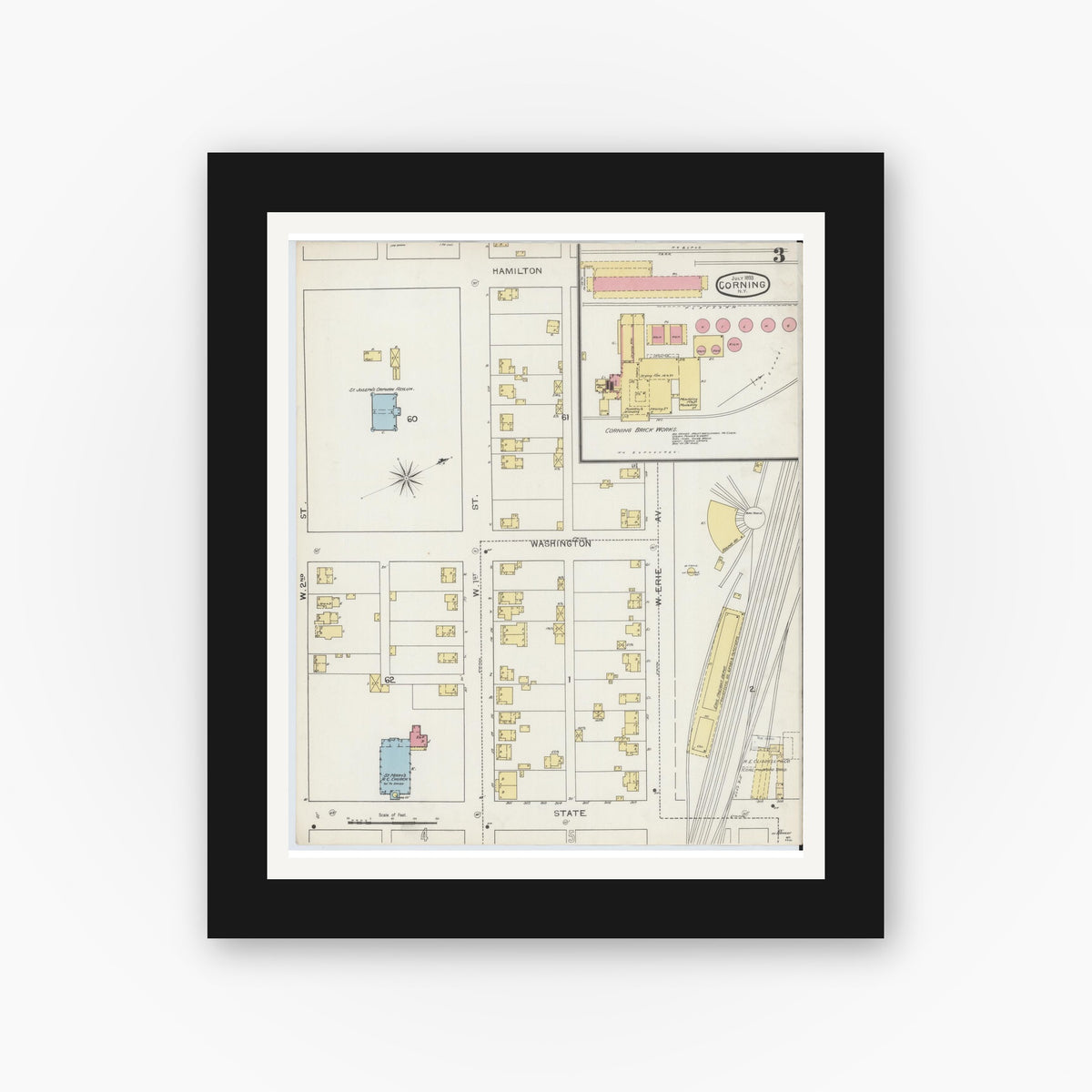 Old map wall art mockup — black gallery frame with white mat — Sanborn Fire Insurance Map from Corning, Steuben County, New York (1893), Sheet #0003