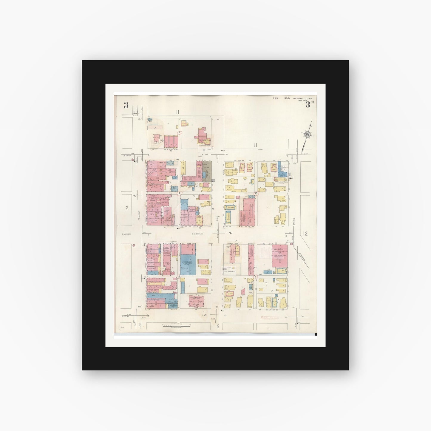 Old map wall art mockup — black gallery frame with white mat — Sanborn Fire Insurance Map from Michigan City, La Porte County, Indiana (1948), Sheet #0003