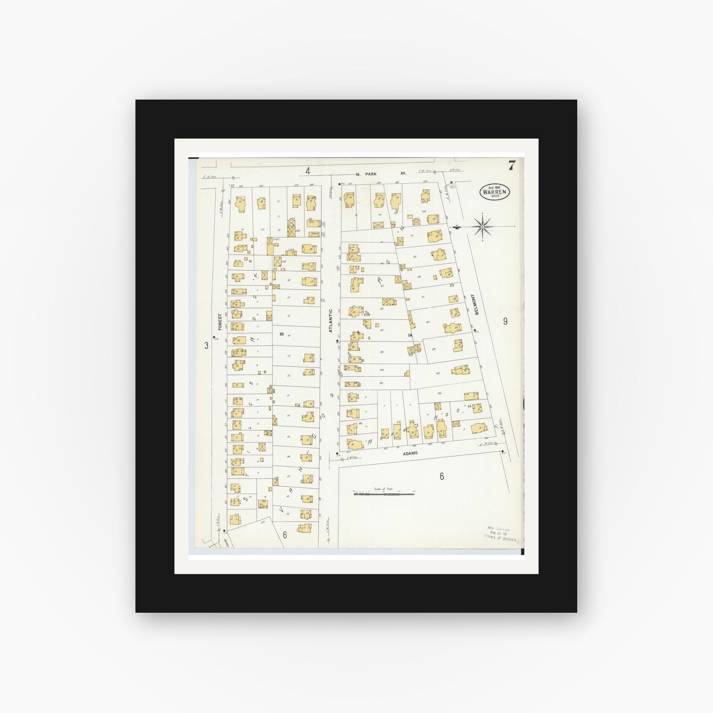 Old map wall art mockup — black gallery frame with white mat — Sanborn Fire Insurance Map from Warren, Trumbull County, Ohio (1908), Sheet #0007
