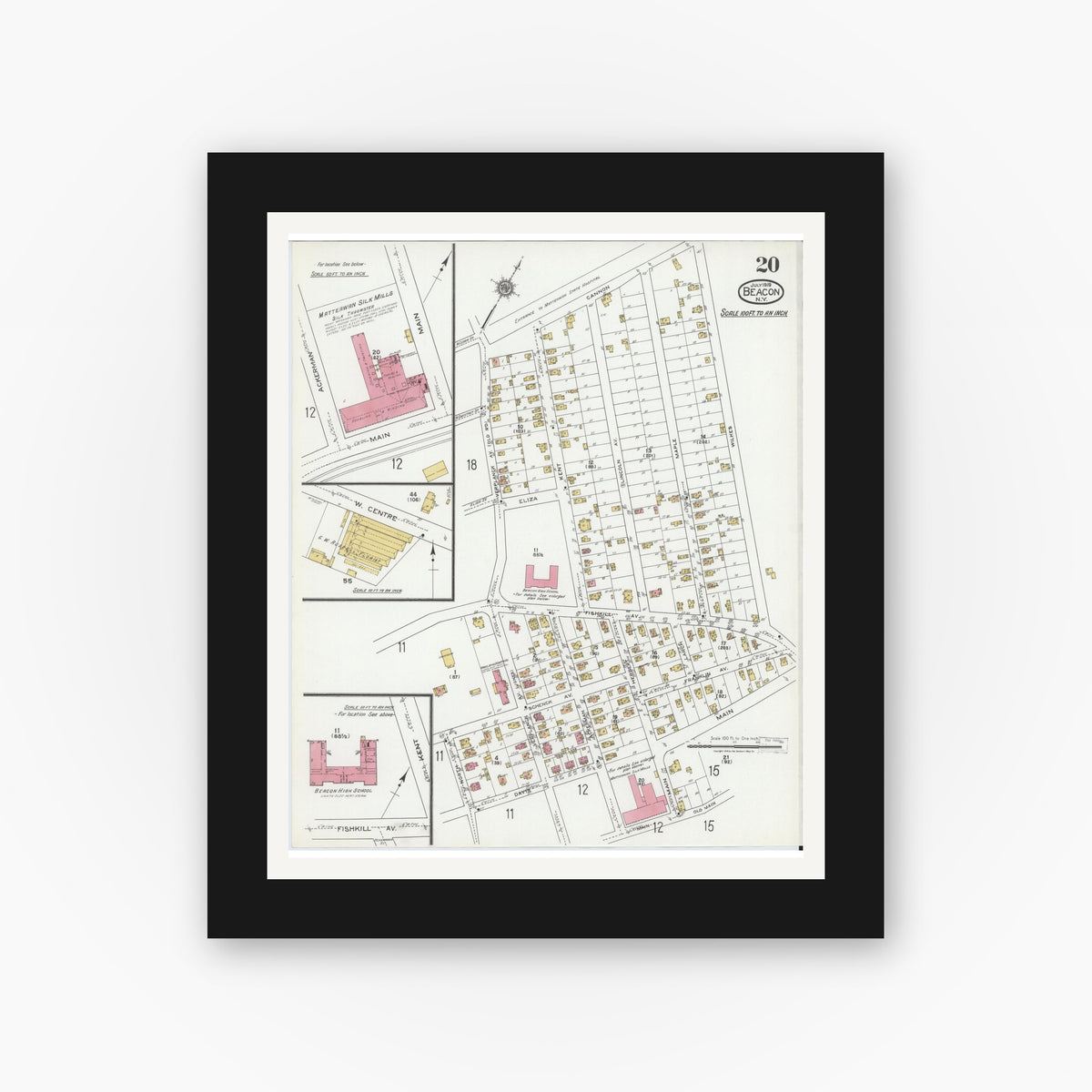 Old map wall art mockup — black gallery frame with white mat — Sanborn Fire Insurance Map from Beacon, Dutchess County, New York (1919), Sheet #0020
