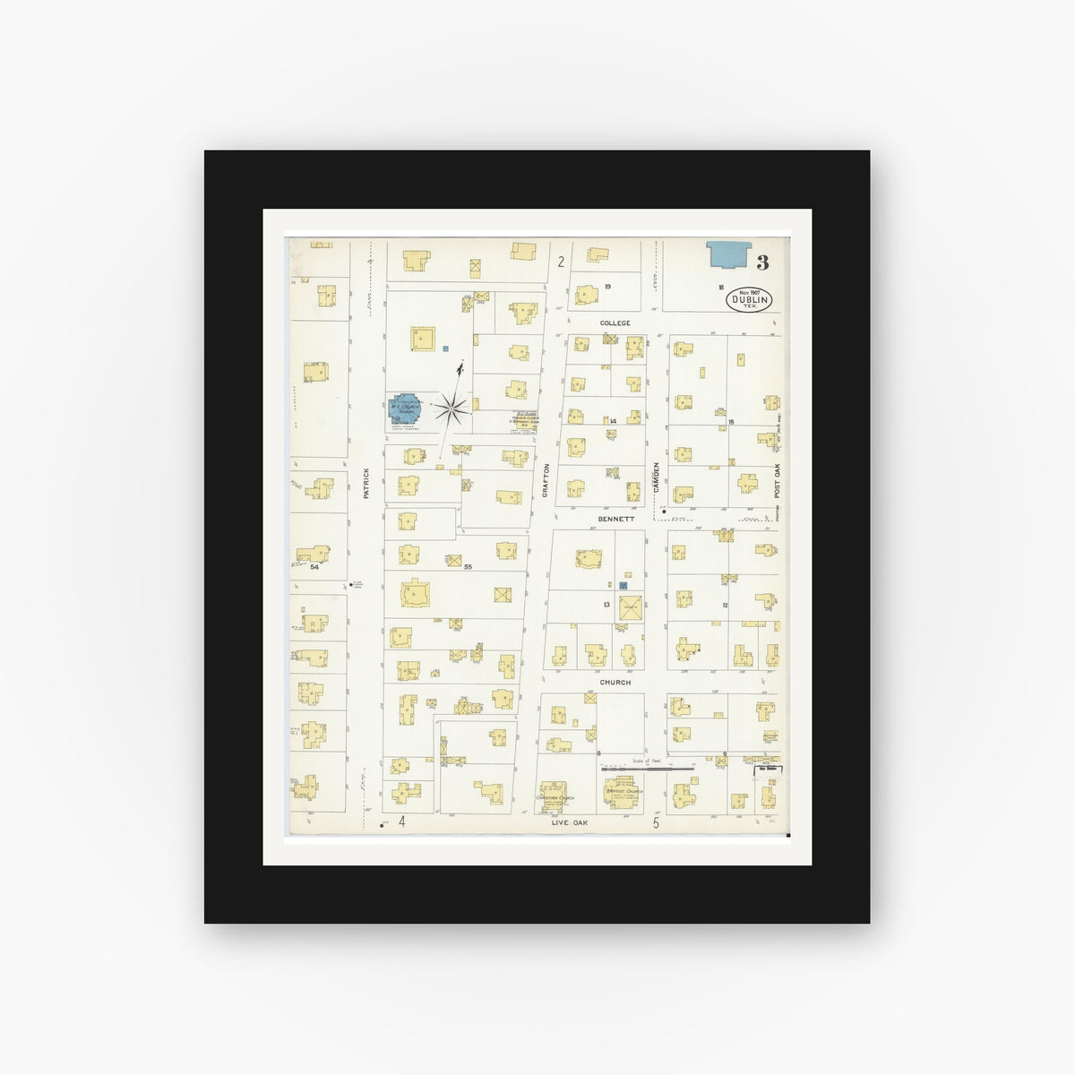 Old map wall art mockup — black gallery frame with white mat — Sanborn Fire Insurance Map from Dublin, Erath County, Texas (1907), Sheet #0003