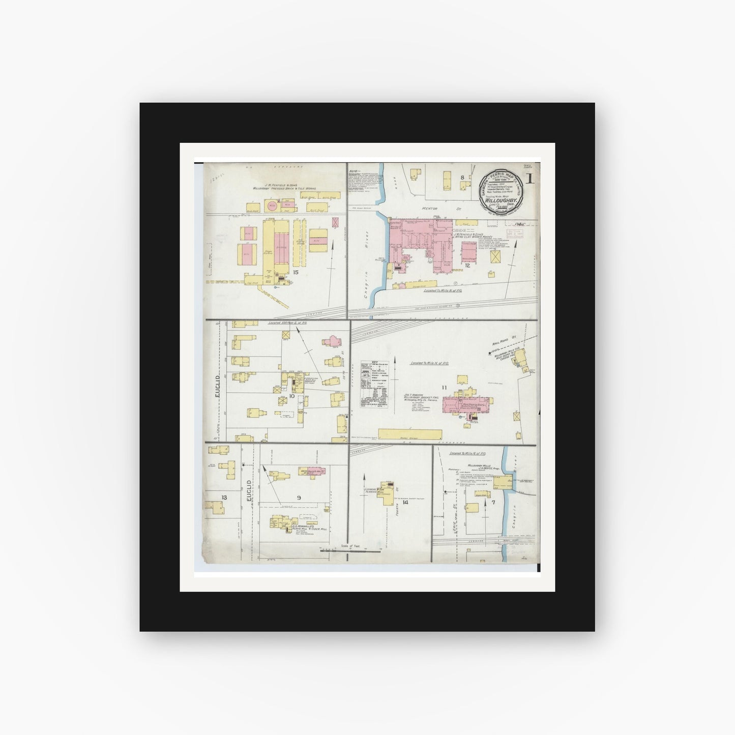 Old map wall art mockup — black gallery frame with white mat — Sanborn Fire Insurance Map from Willoughby, Lake County, Ohio (1893), Sheet #0001