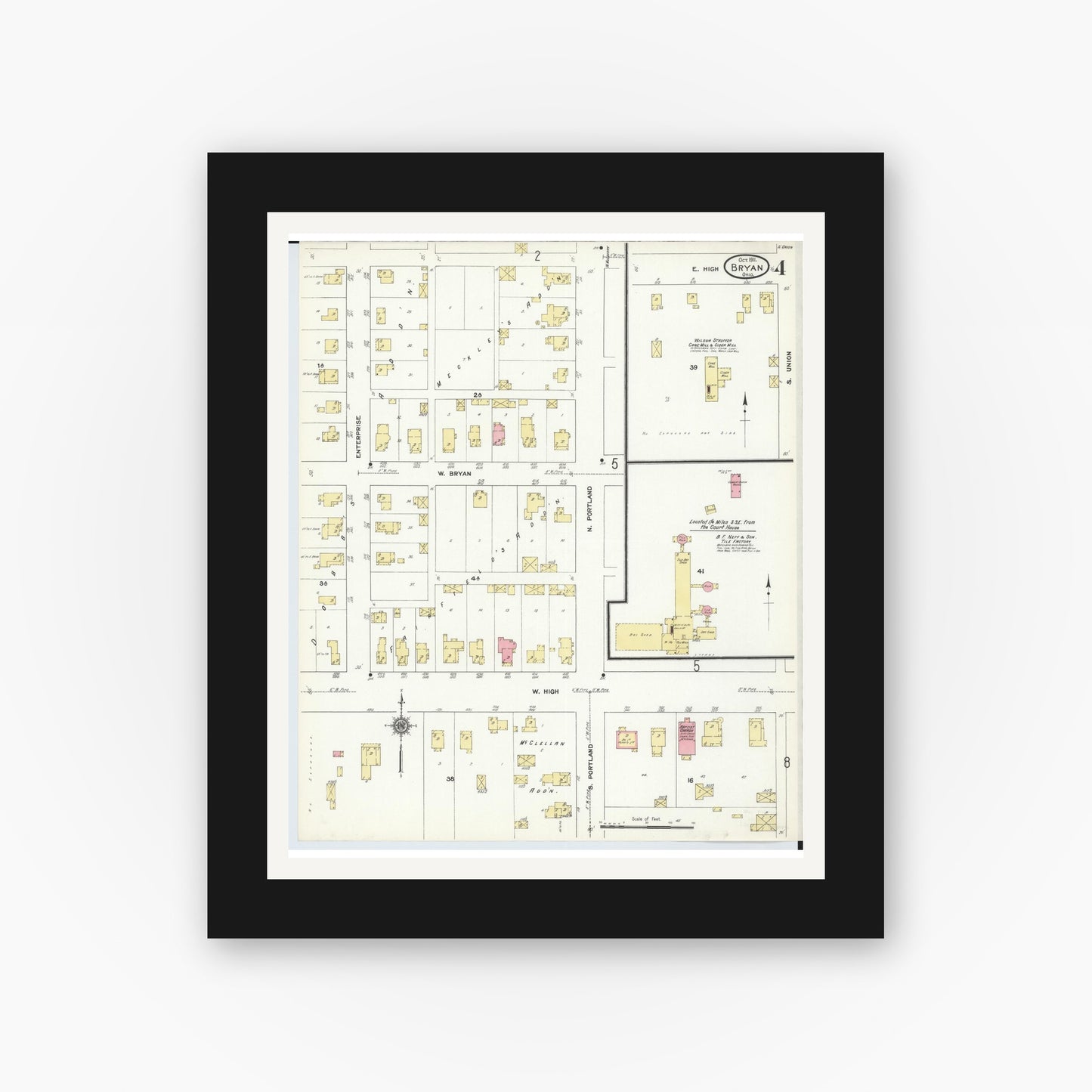 Old map wall art mockup — black gallery frame with white mat — Sanborn Fire Insurance Map from Bryan, Williams County, Ohio (1911), Sheet #0004