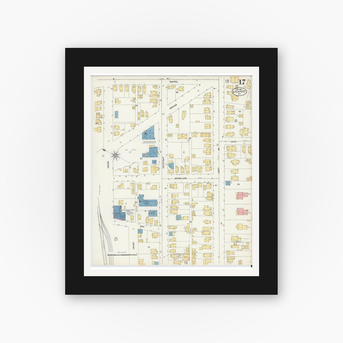 Old map wall art mockup — black gallery frame with white mat — Sanborn Fire Insurance Map from Lockport, Niagara County, New York (1903), Sheet #0017