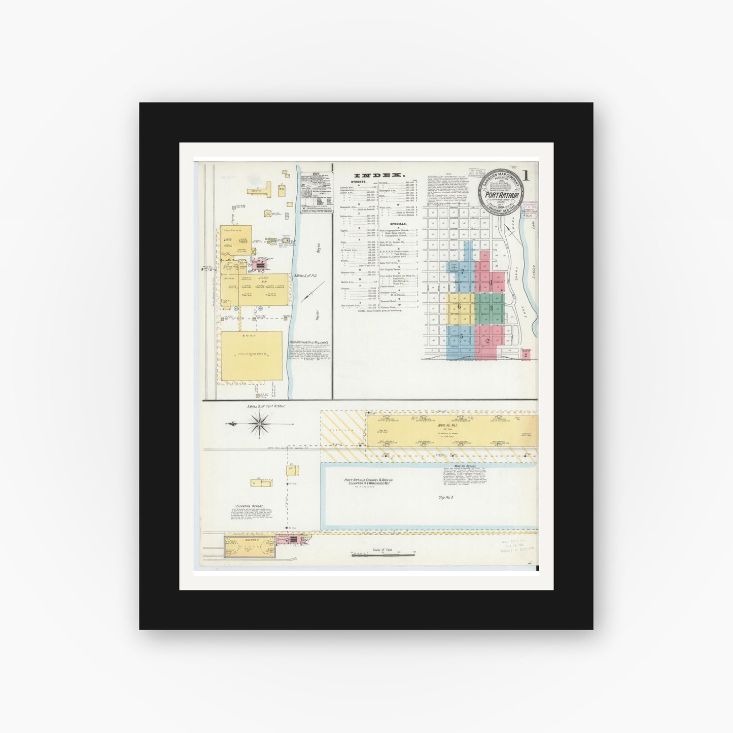 Old map wall art mockup — black gallery frame with white mat — Sanborn Fire Insurance Map from Port Arthur, Jefferson County, Texas (1904) - Complete Map Set